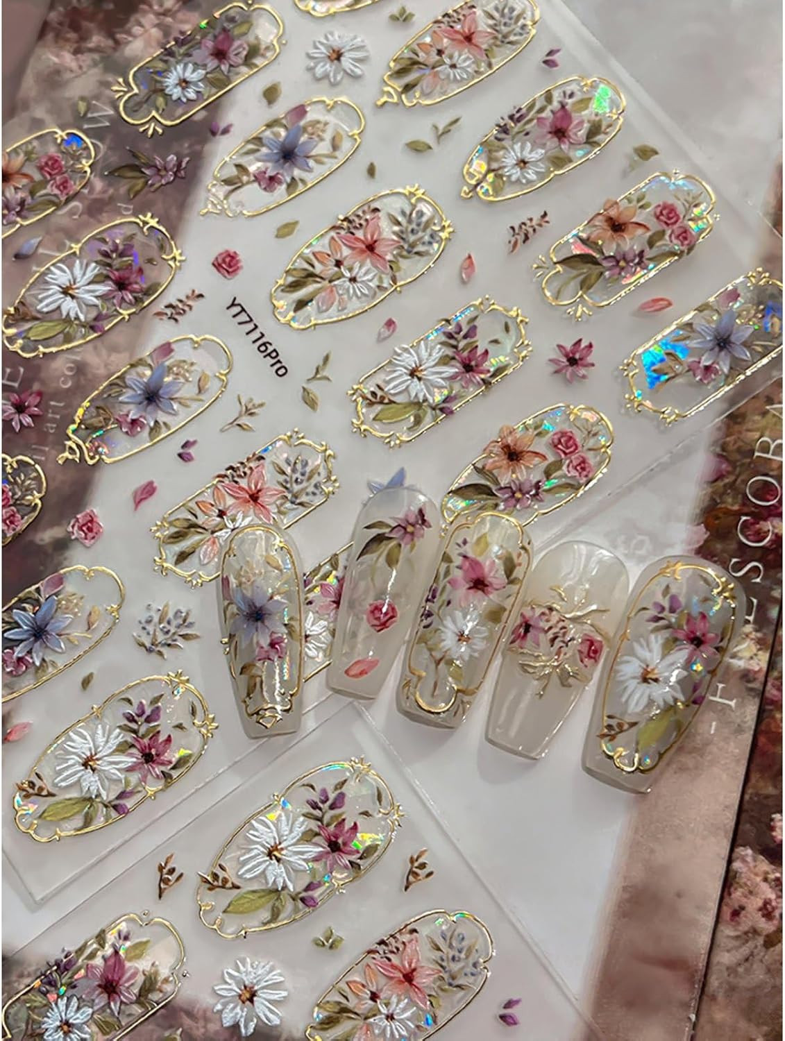 Flower Nail Art Stickers Decals 5D Embossed Golden Edge Flower Nail Stickers