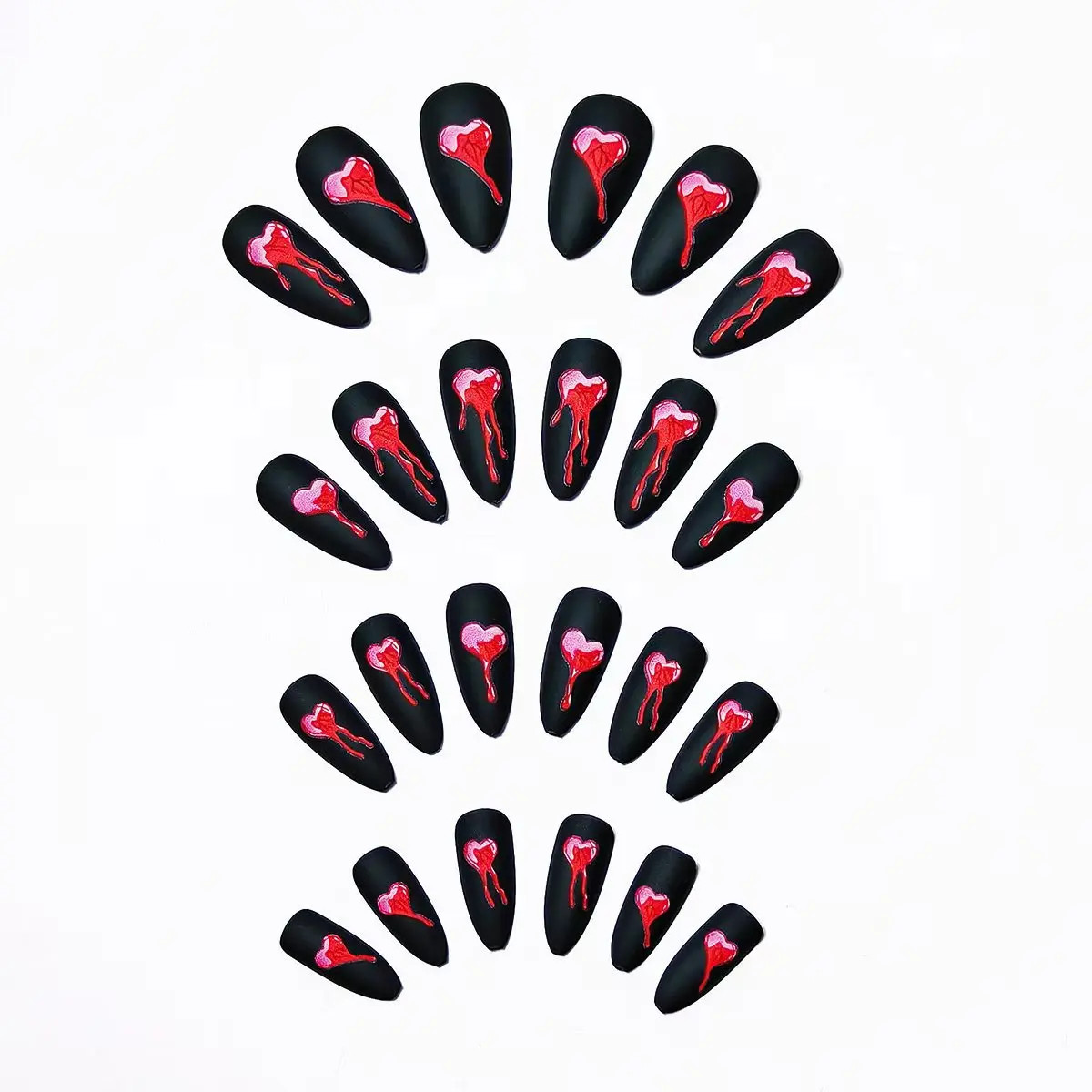 24pcs Black Almond Red Heart Rose Press On Nails