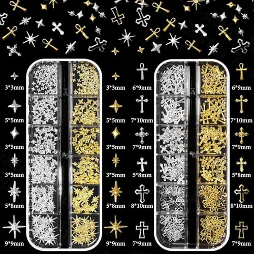 Gold Silver Caviar Nail Beads, 3D Starburst Chain Cross Nail Charms, Alloy S2