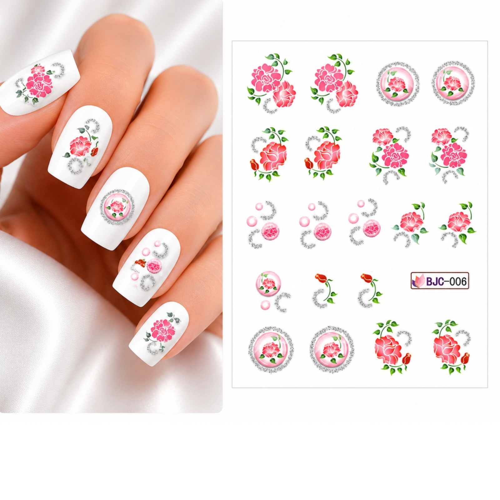Pink Rose Nail Stickers Water Transfer Decal Floral Manicure Art Wraps DIY Salon