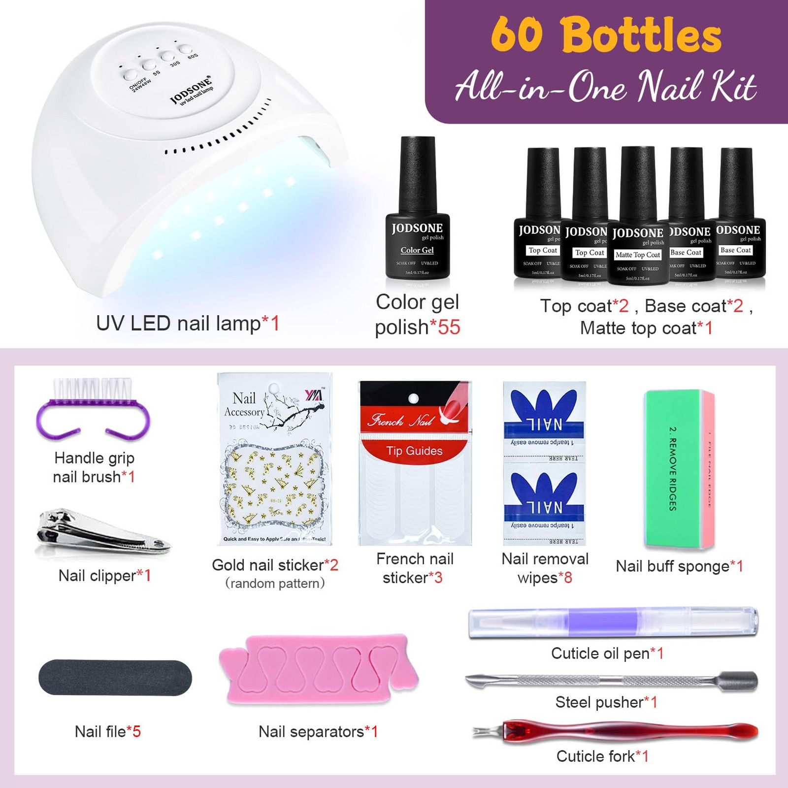 Gel Nail Polish Kit 60 Pieces with UV Light Soak Off Base Top Coat Shine Colors