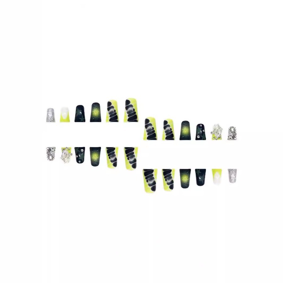 48pcs-Edgy Y2K Square Press on Nails with Neon Stars, Slime Design and Crystals