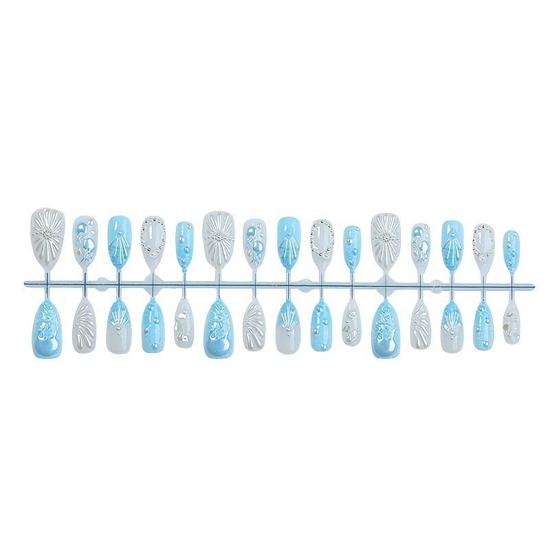 30pcs Summer Sea Shell Press on Nails Almond Shape with Jellyfish&Pearl Details