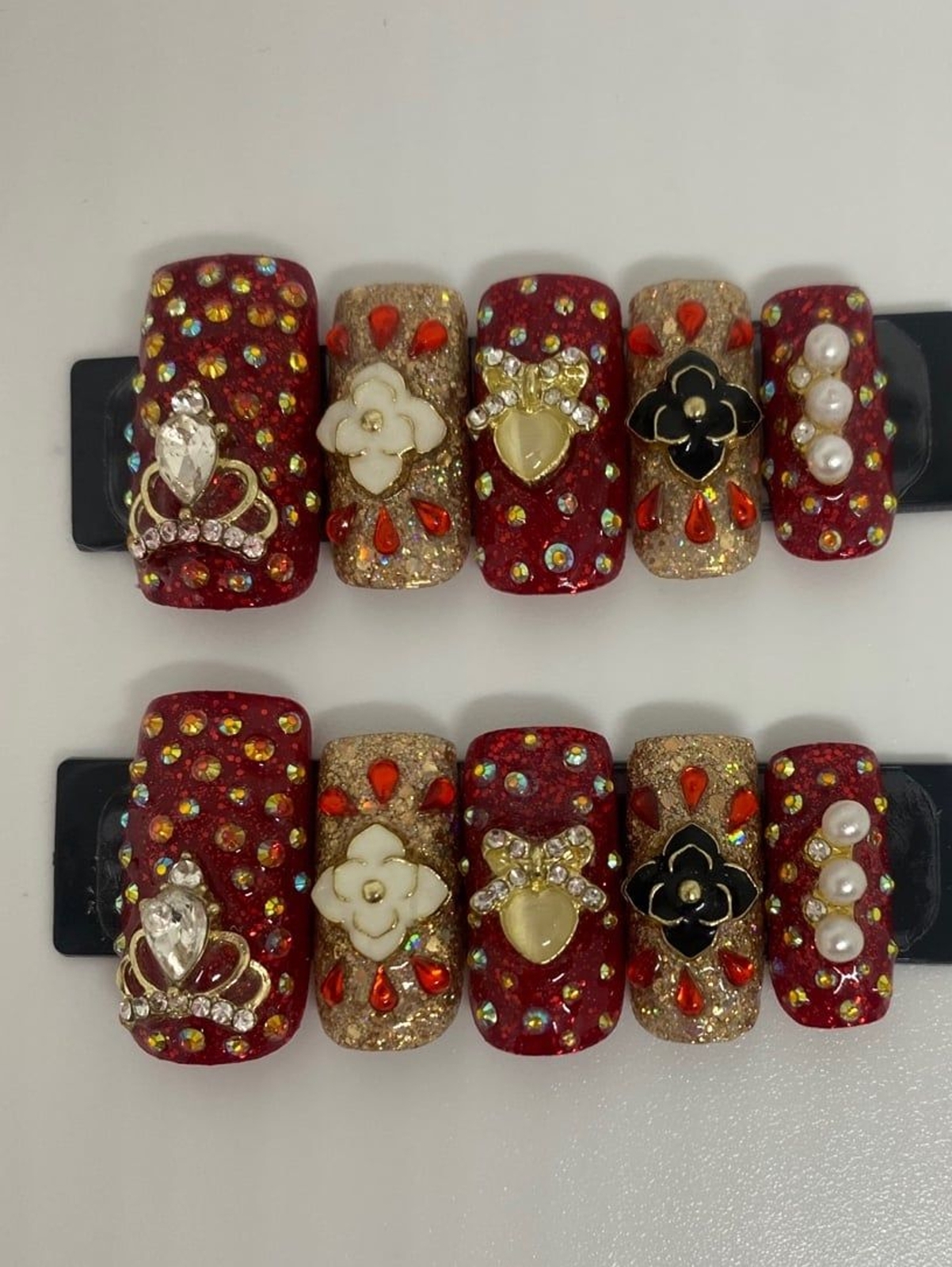 Red, Gold, Black, & White Square Press On Nail Set