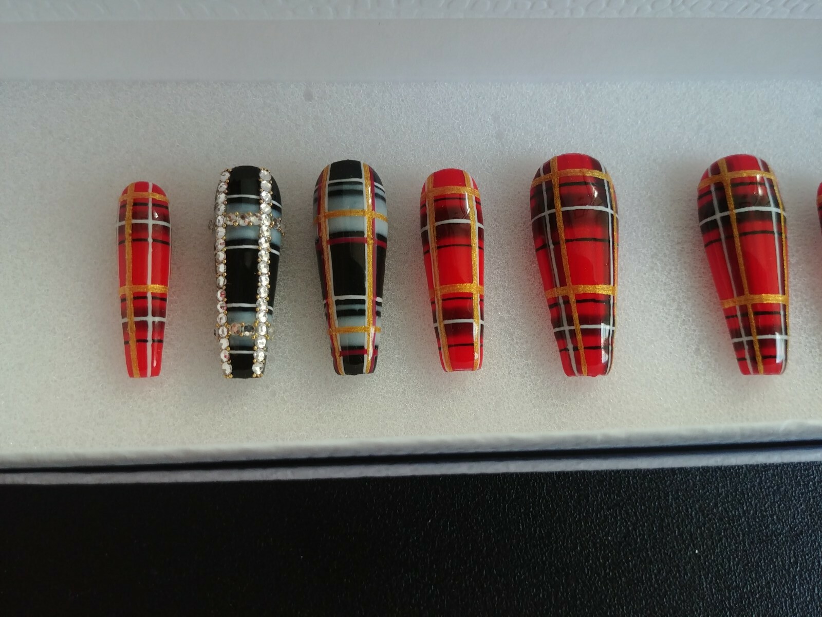 Long Ballarina Full Length Nails/ Blinged out Tartan design