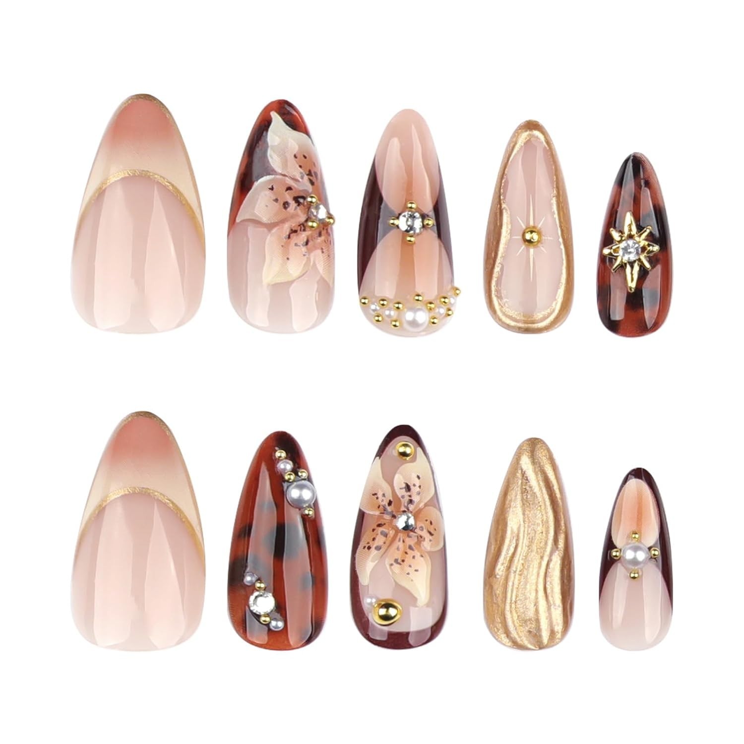 Handmade Press On Nails Almond Medium Long 3D Fake Nails with Charms style01