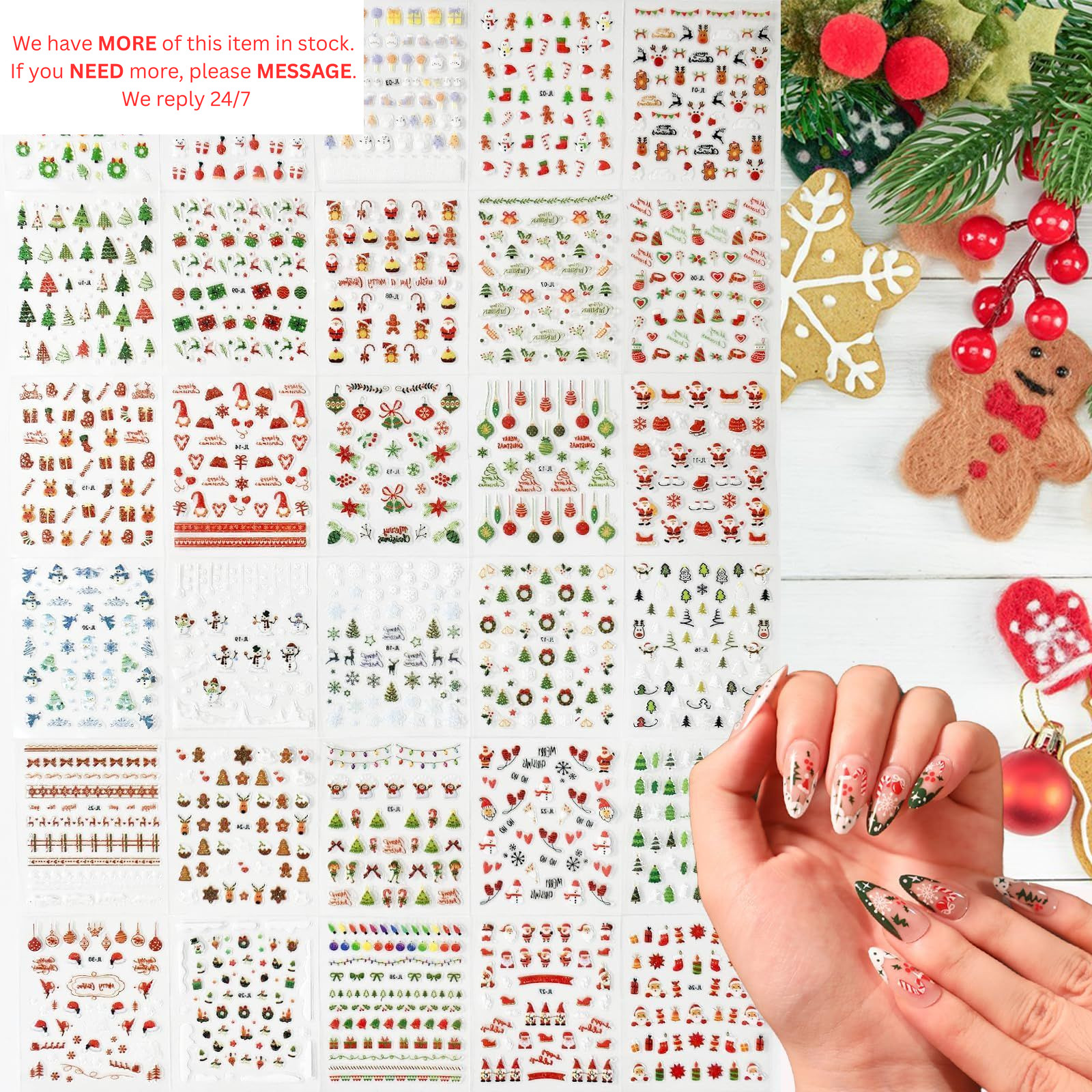 30 Sheets Christmas Nail Art Stickers 3D Snowflake Self-Adhesive B