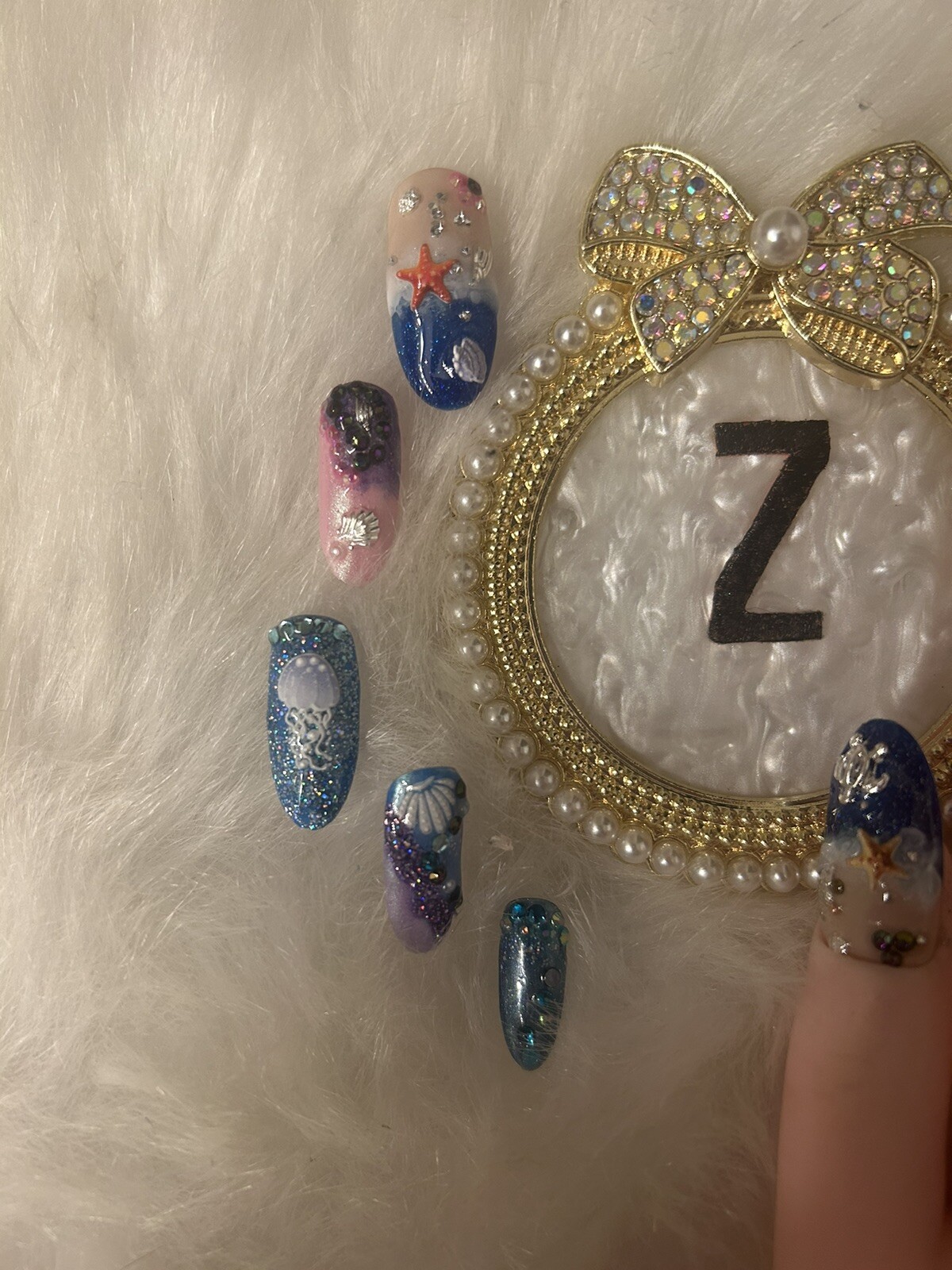Z NAILZ! Gorgeous Set of Handmade Long Rounded Bling Beach Themed Press On Nails
