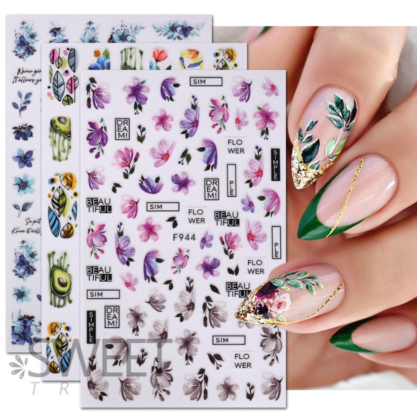 3D Flowers Camellia Nail Stickers Geometric Line Floral Leaf Daisy Decals NS52