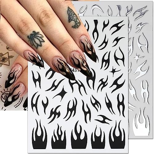 8 Sheets Irregular Flame Nail Art Stickers – Metallic Silver, Black, White,