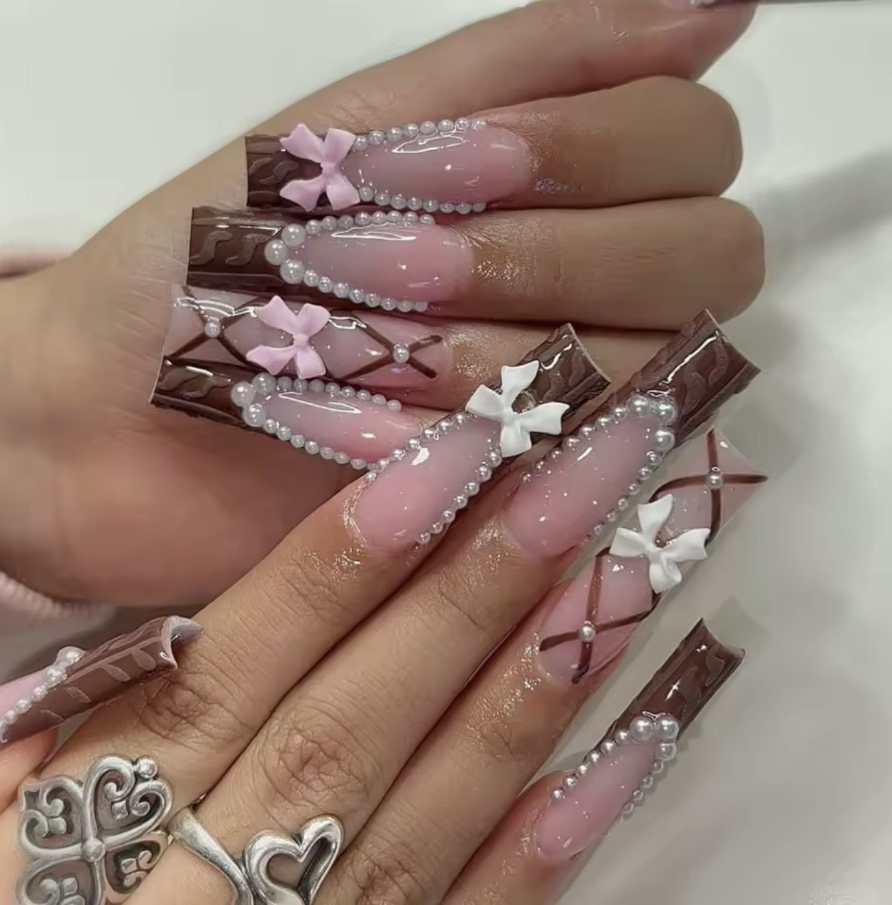 Long Coffin Press-On Nails Set Pink Brown White Bow Theme 3D Pre-Designed