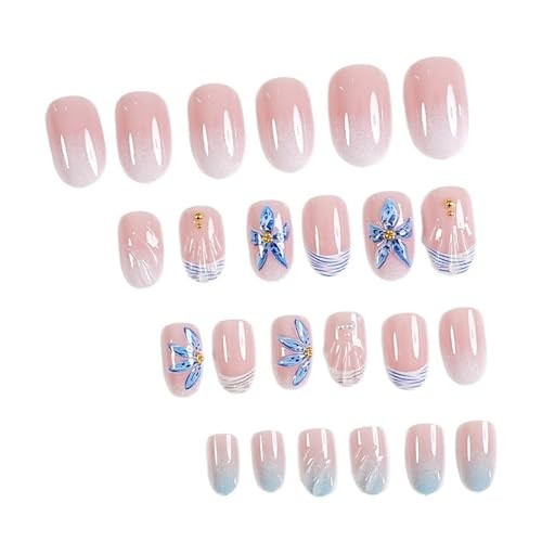 French Tip Press on Nails – Medium Short Round Fake Nails – 3D Colorful-13
