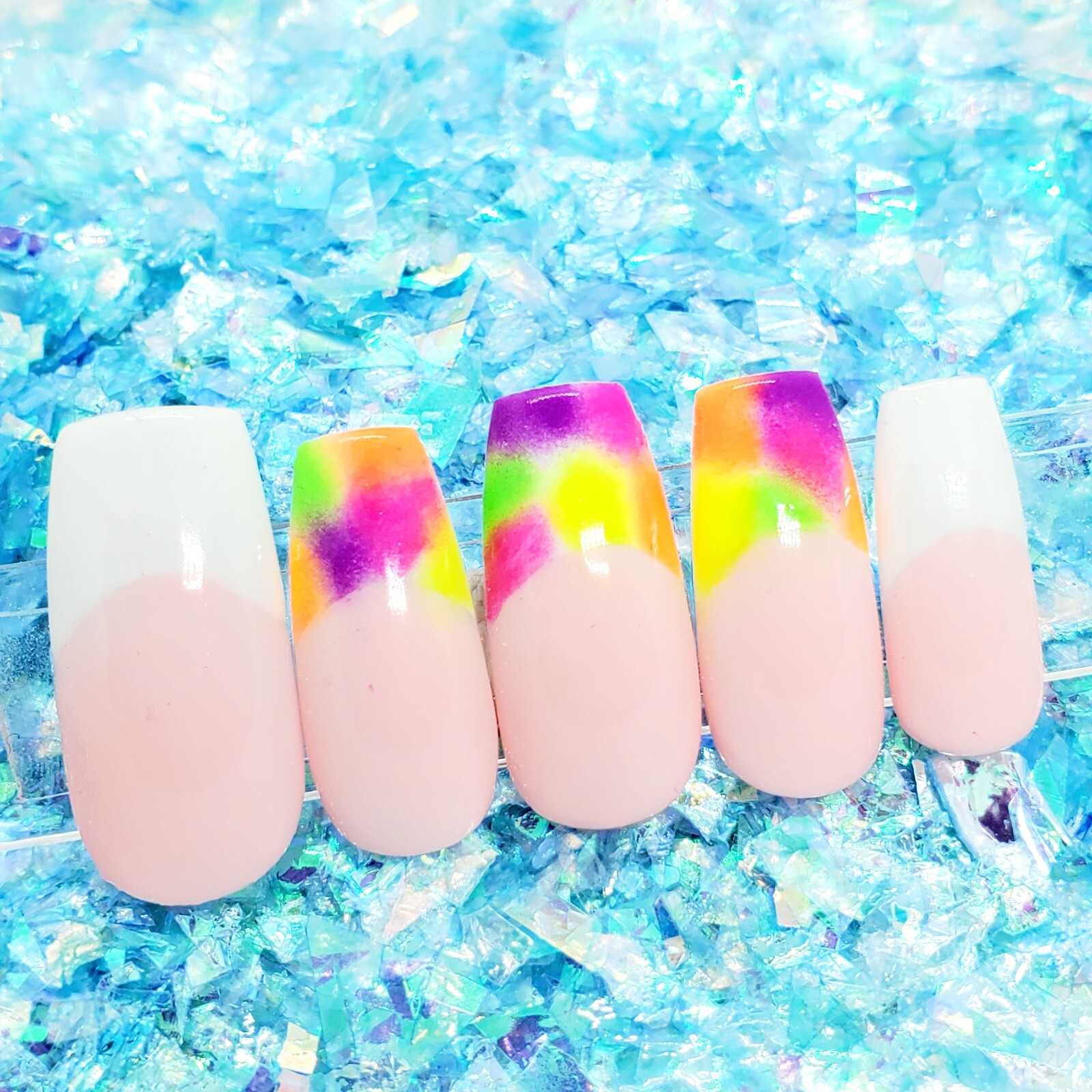 Neon Tie Dye French Tip Short Square Nail Set Press On Nails Handmade Hard Gel