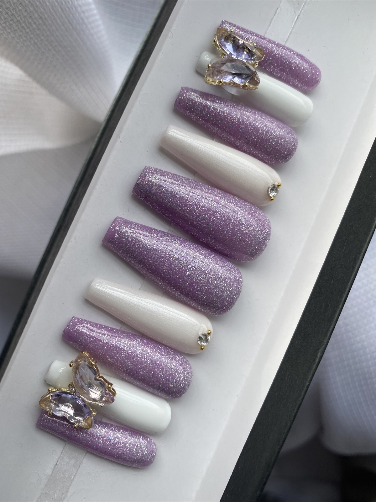 🔥CUSTOM Gel Press On False Nails, PURPLE BUTTERFLY 10p Set With Full Kit NEW