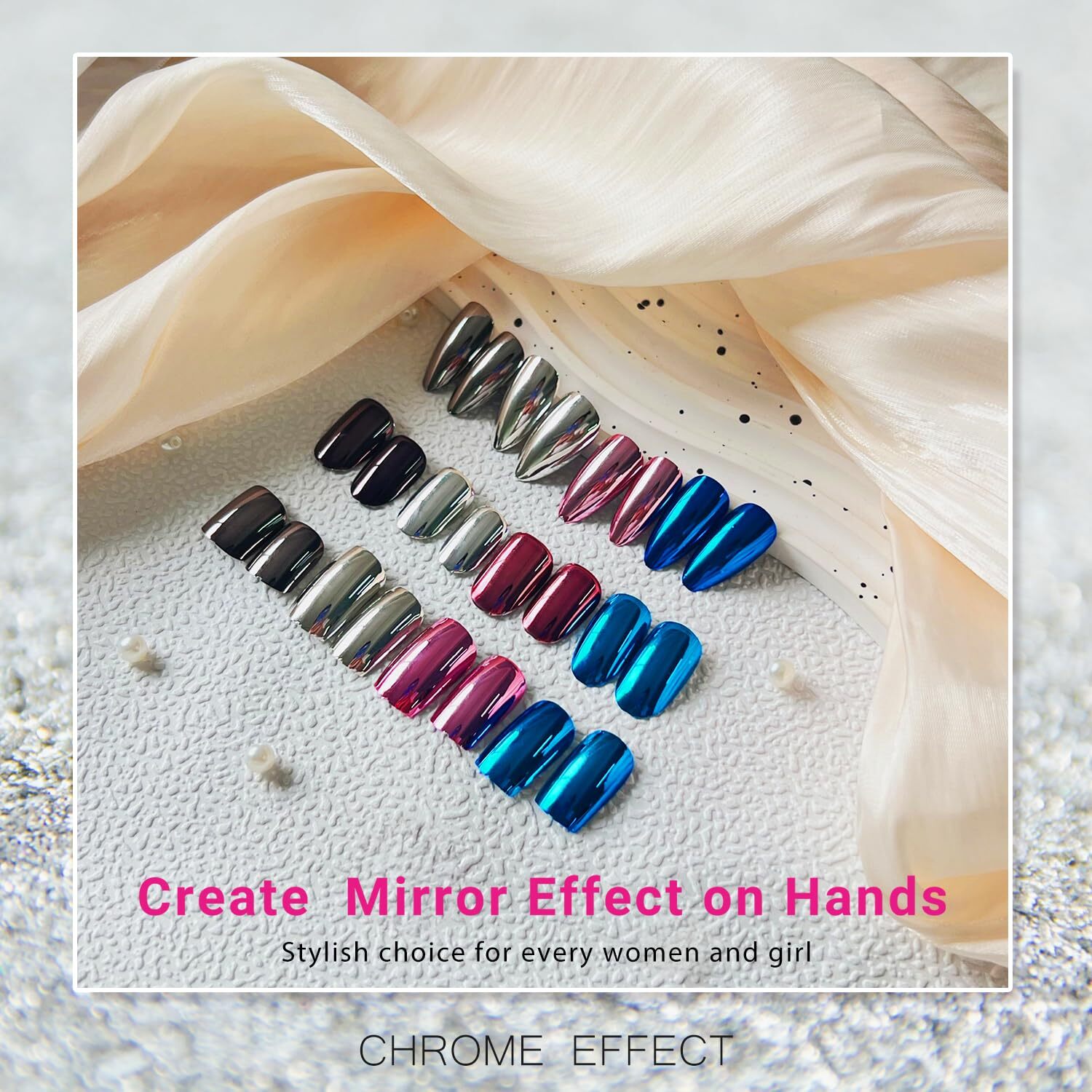 Light Blue Chrome Press on Nails Short Square, Gold Nail Fake Nails Medium