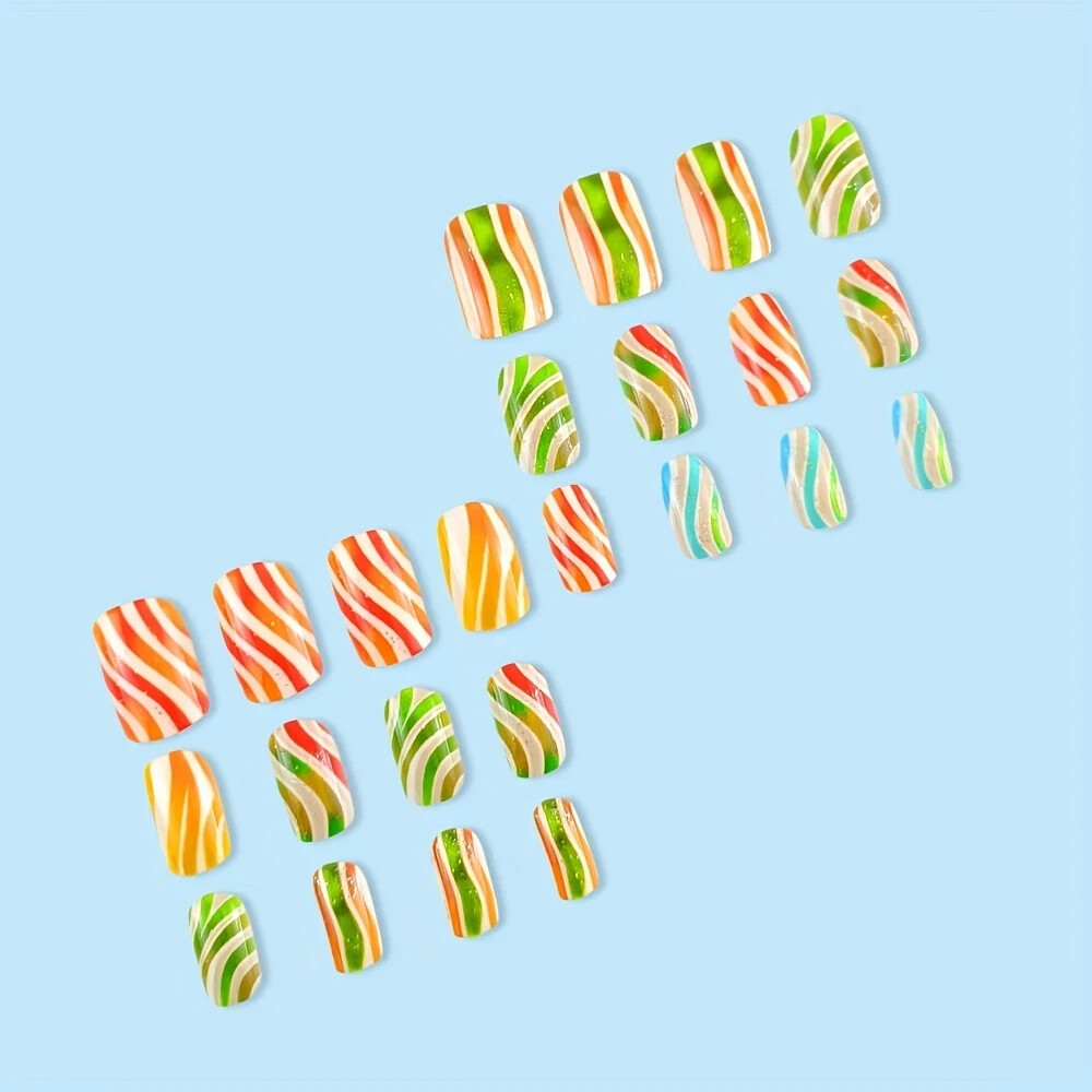 24pcs Medium Square Press-On Nails Set, Colorful Candy Stripes & Glitter Nail