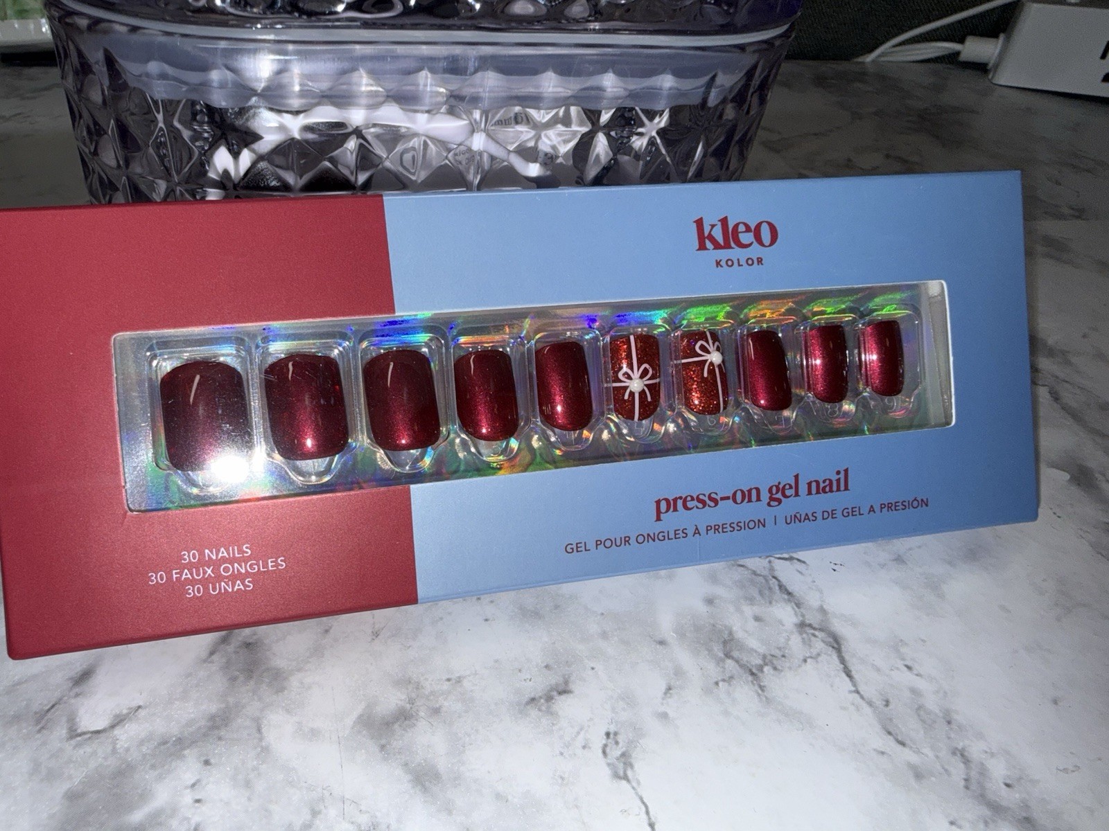 New Kleo Kolor Press-On Gel Nails Short Square Take A Bow Glitter Red Christmas