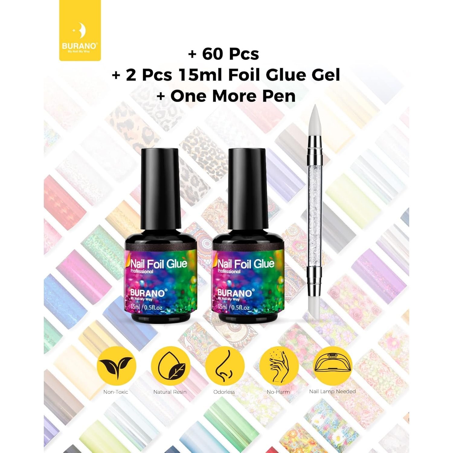 Nail Art Foil Glue Gel 5ML 2 Bottles with 60PCS Stickers for Salon Use
