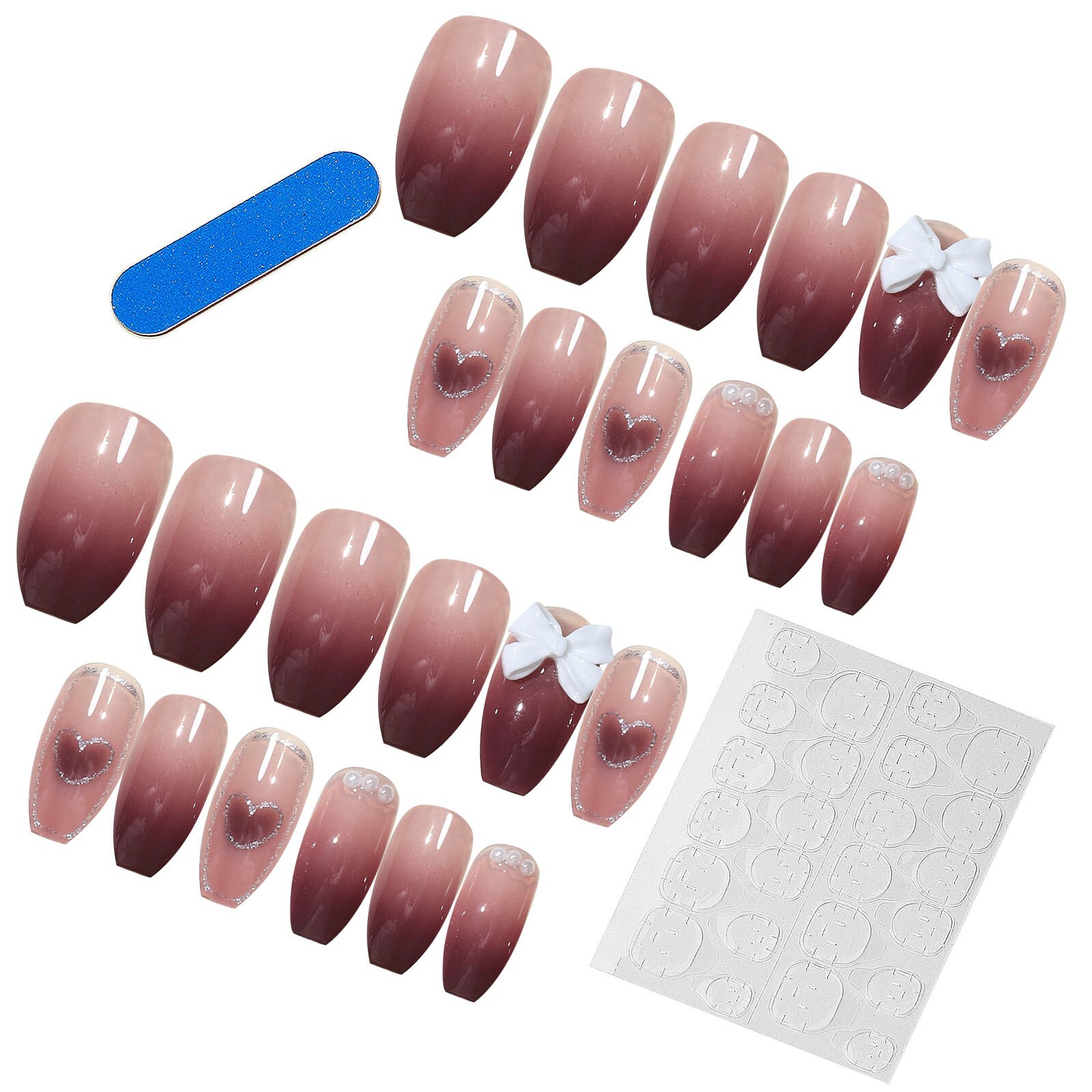 24Pcs Heart Bowknot False Nail Press on Nails for finger Nails Art Detachable