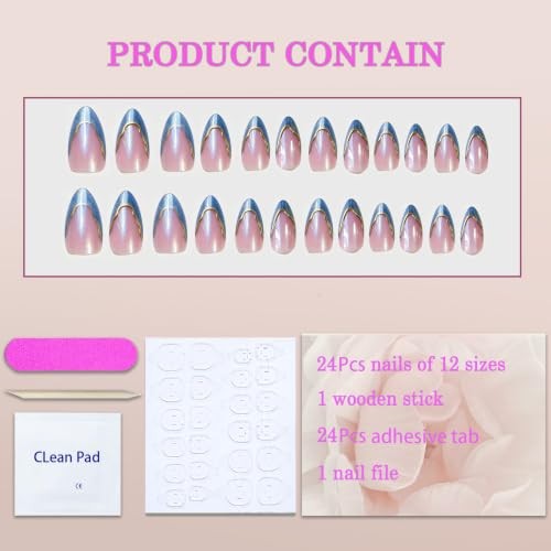 Blue French Press on Nails Almond Medium Cat Eyes Fake Nails with Gold style 13