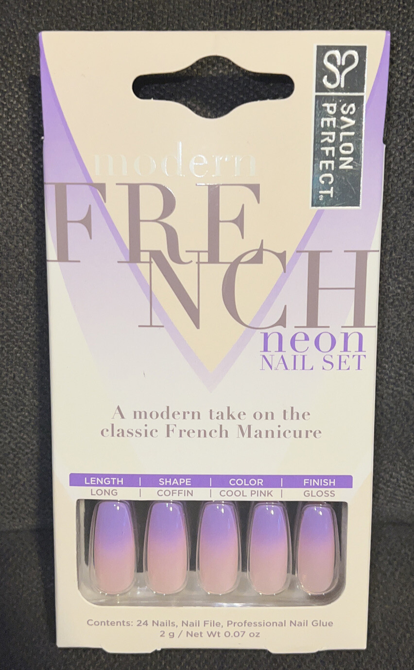 Salon Perfect Modern Neon Purple Ombre French Tip Design Long Coffin Shape Nails