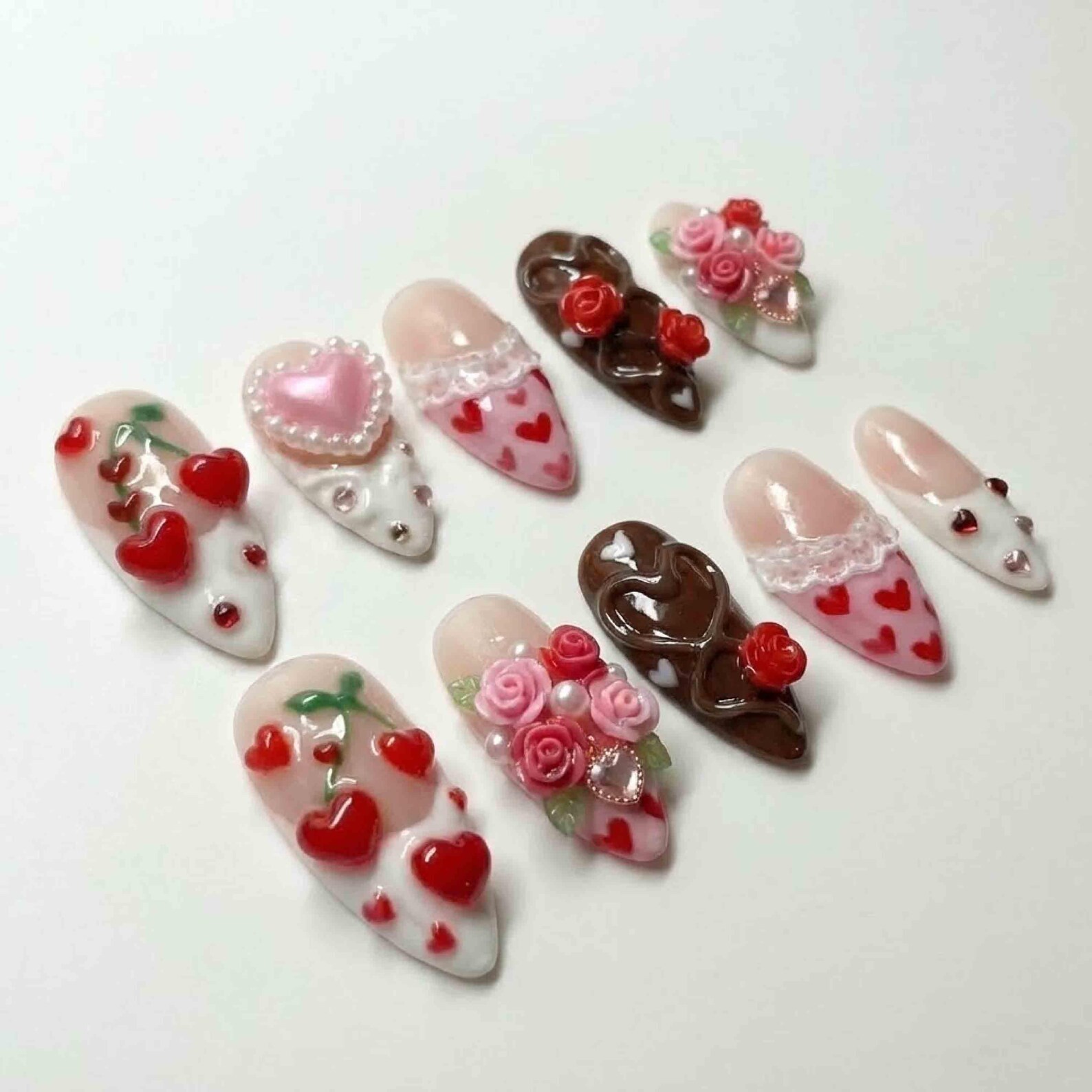 Handmade Valentine Heart Cherry Rose Lace Pearl Medium Almond Press on Nails