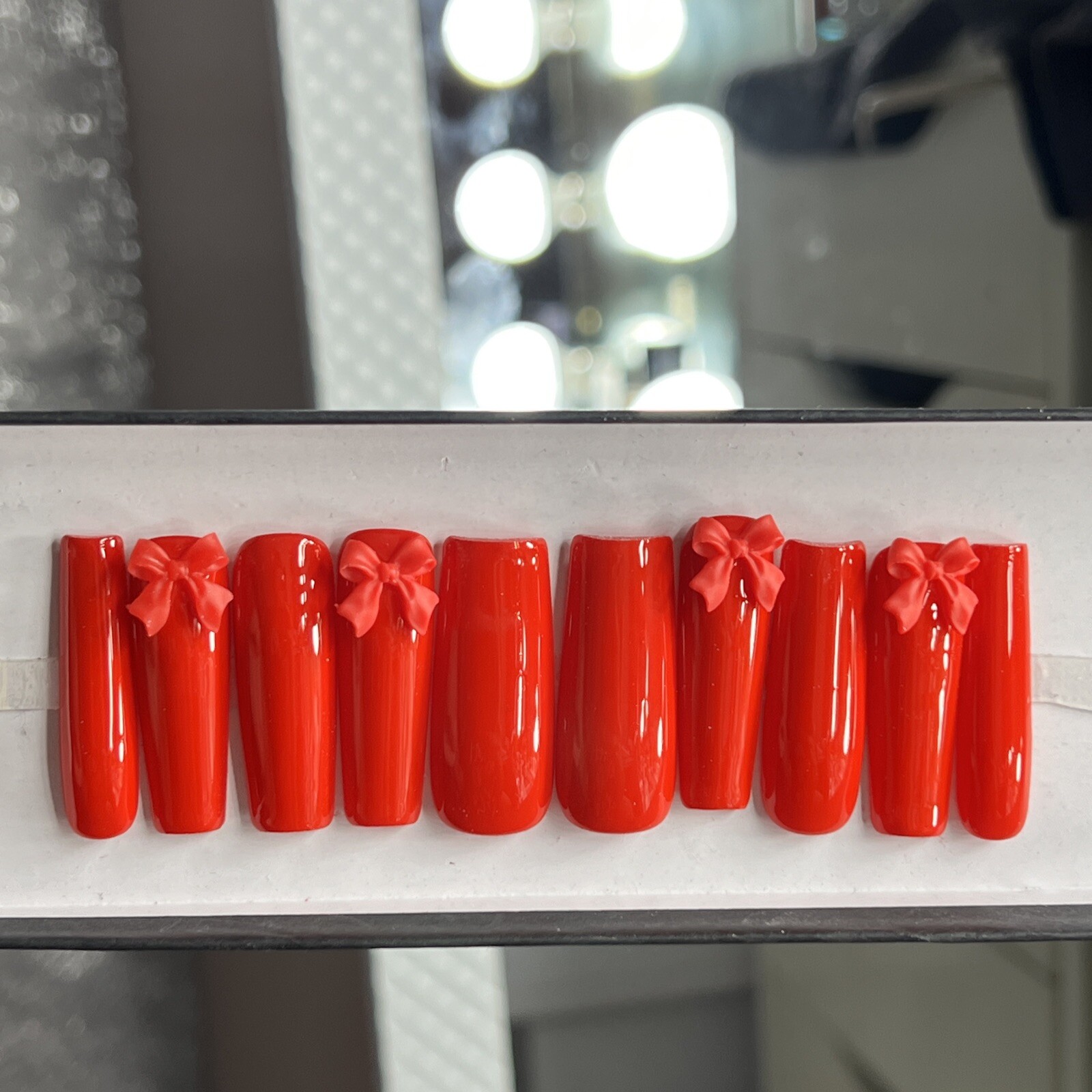 🔥CUSTOM Gel Press On Nails, CLASSIC RED BOW, 10p set FULL SET W Kit LONG SQUARE