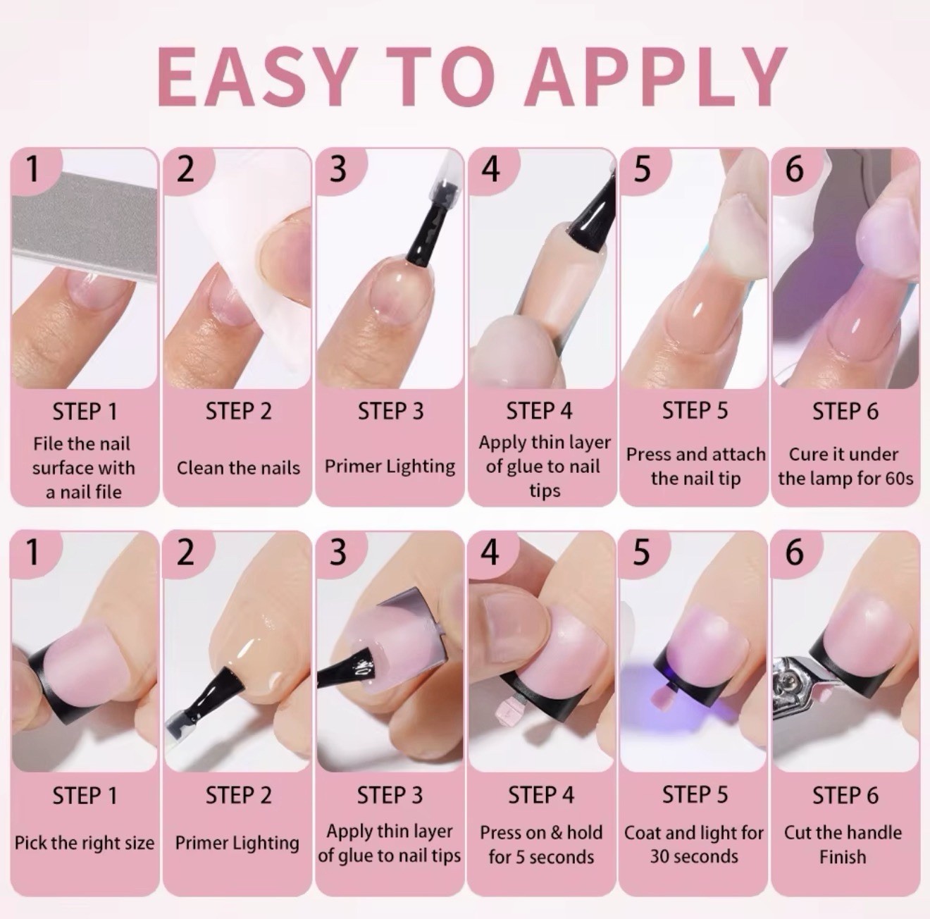 60PCS French Style Pink White Blue Full Cover Square Artificial Nail Tips Set