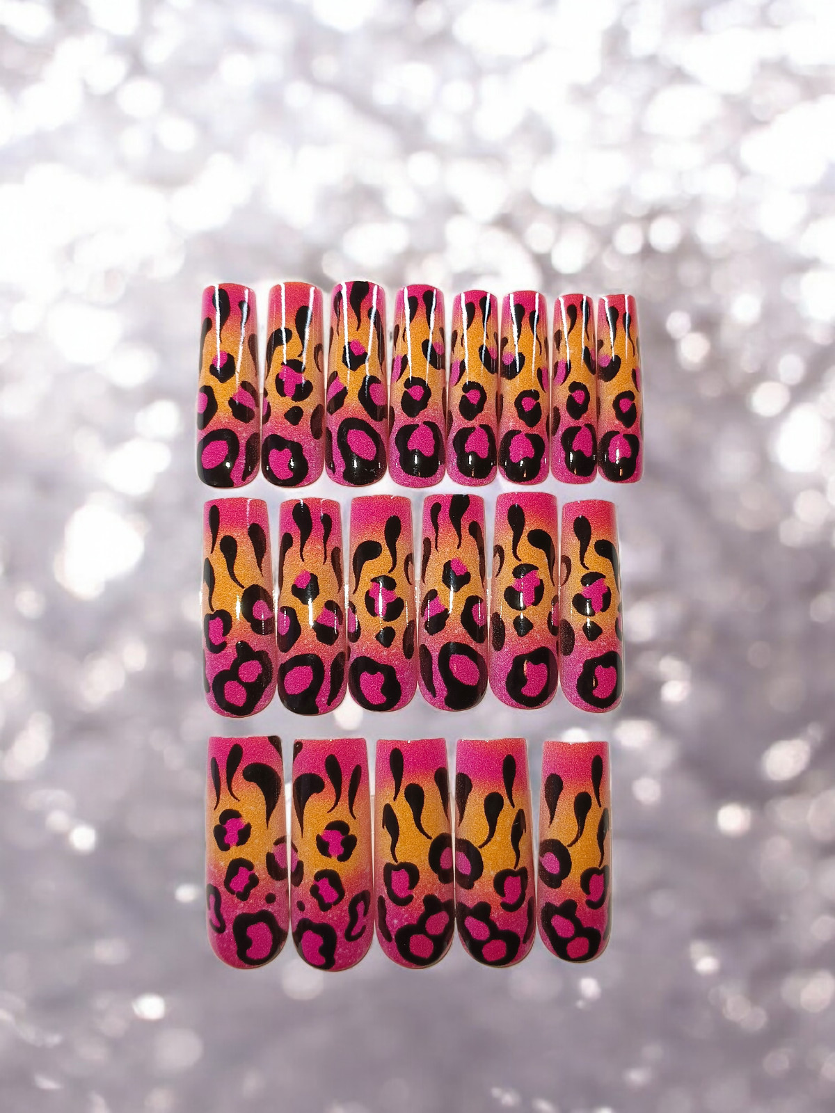 (New) Pink Leopard Long 24 Count Square Shape Nail Set /W Nail Glue