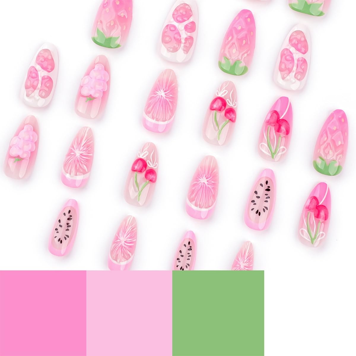 24Pcs Summer Fruit Press on Nails Almond Long 1 Fl Oz (Pack of 1), Multicolor