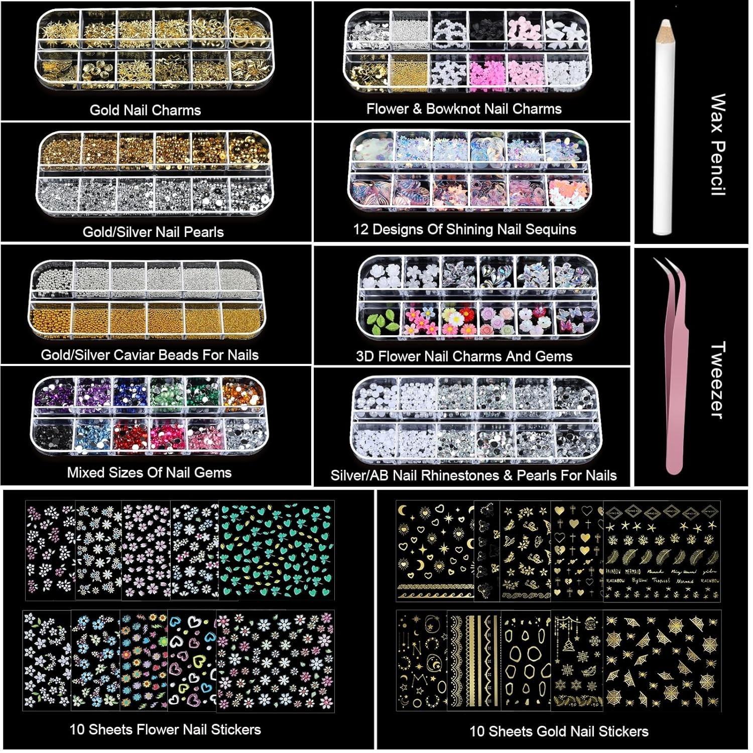 Nail Art Kit 8 Boxes Nails Gems Pearls Charms Stickers Rhinestones Accessories