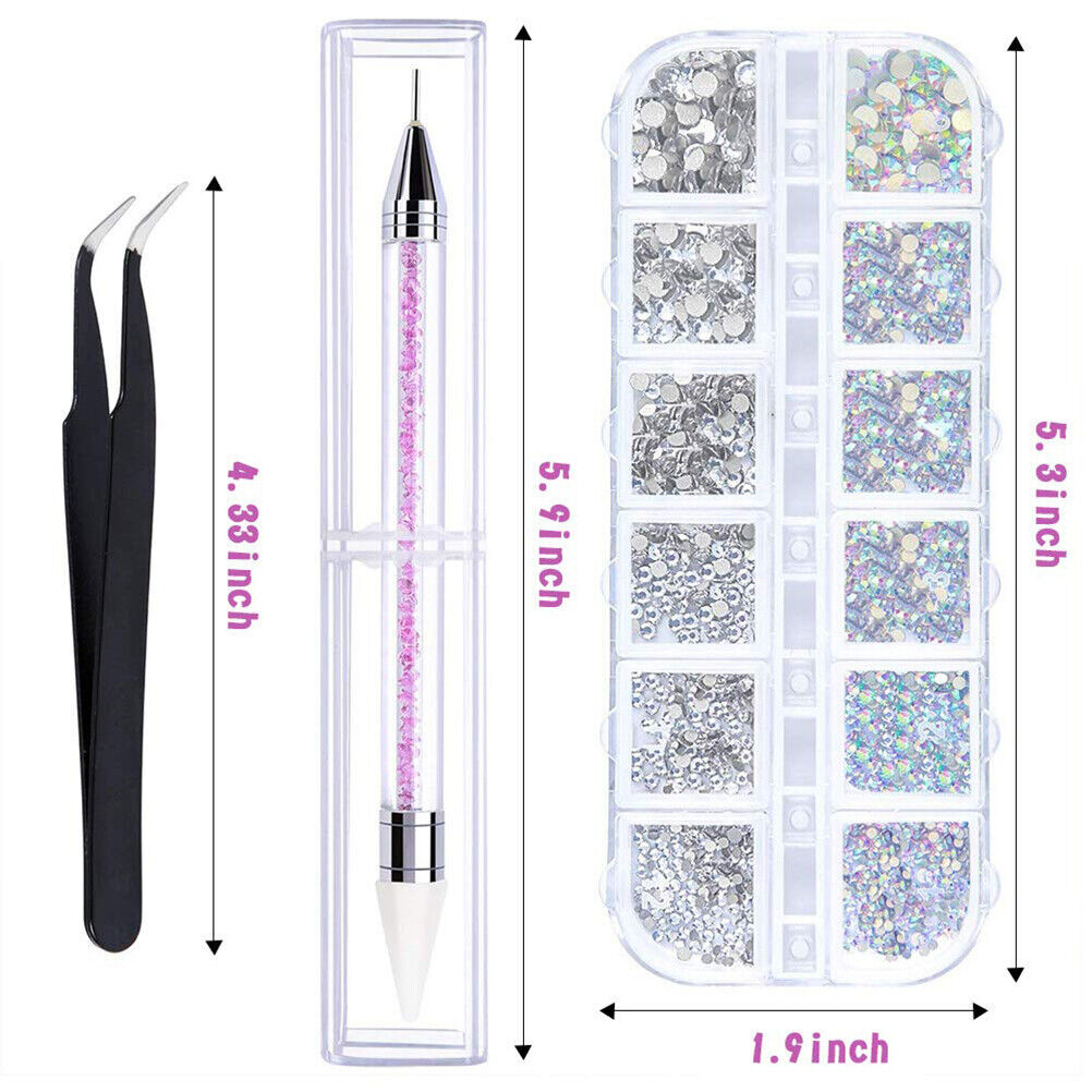 Crystal AB Rhinestones Dimante Flat Nail Art Gems Picker Wax Dotting Pen Tweezer