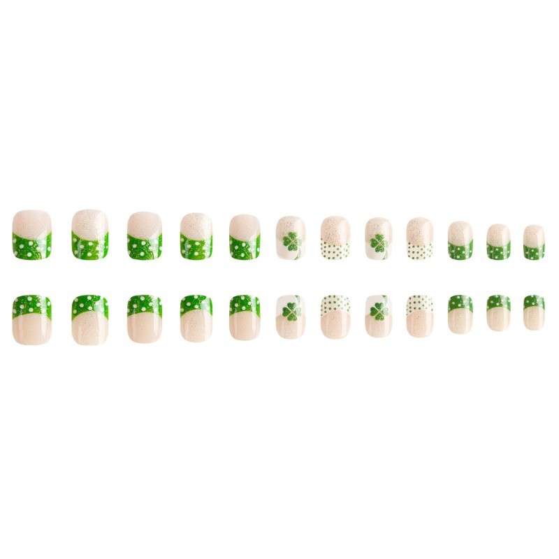48 Pieces of Green Lucky Grass French Style Fresh and Detachable Fake Nail Art