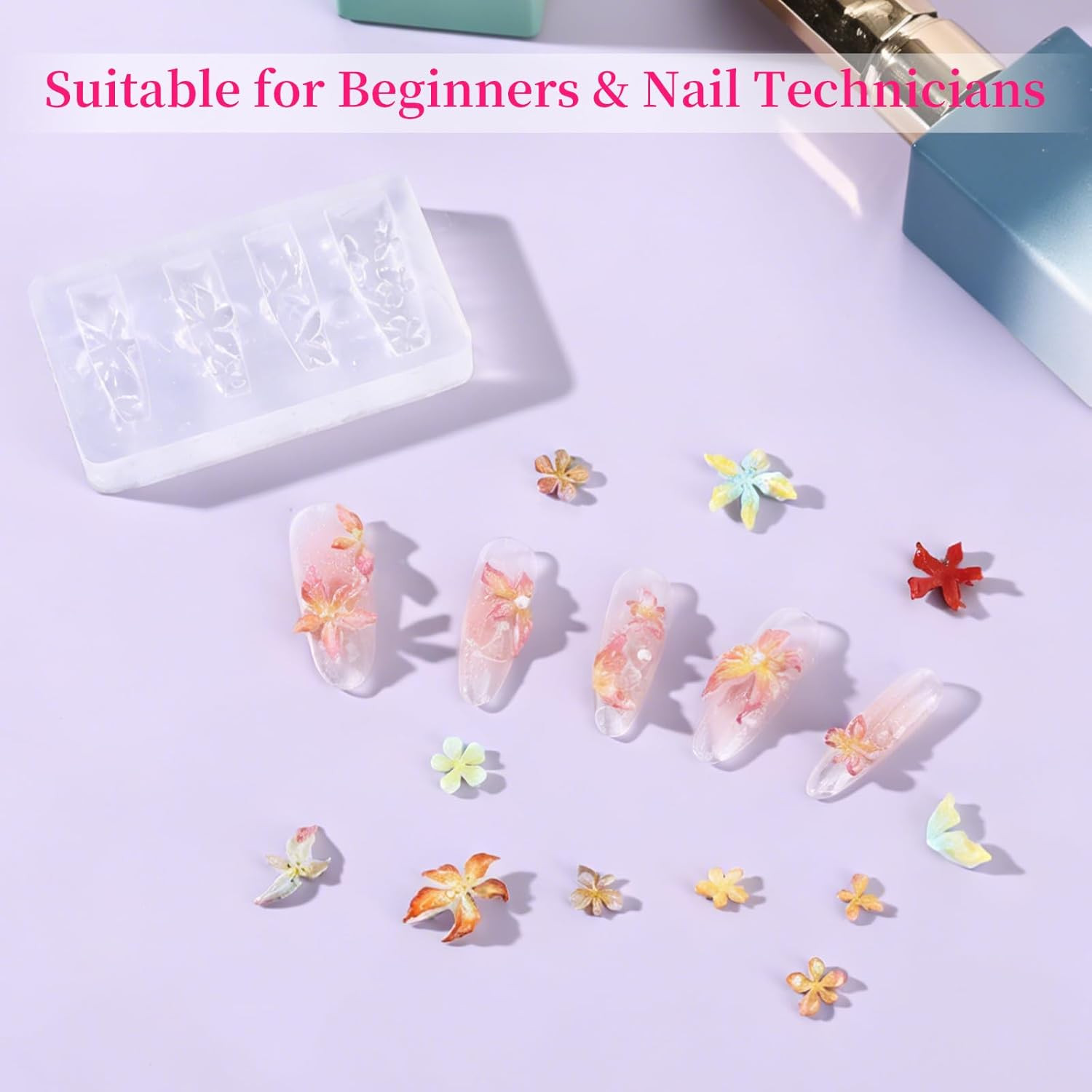 6PCS Silicone Nail Molds, 3D Nail Art Molds with Carving Pen-Multiple Shapes Flo