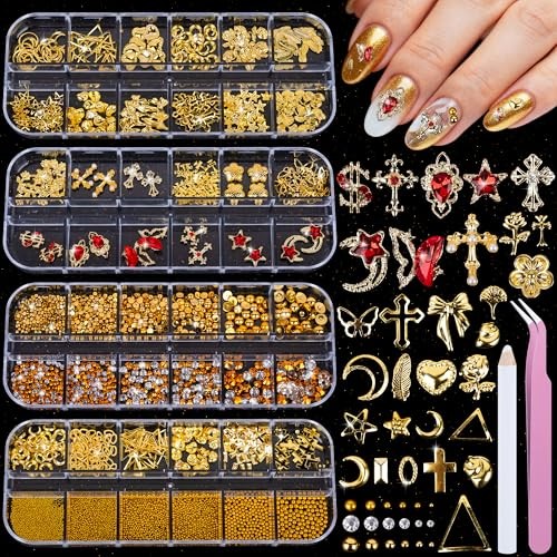 Gold Nail Charms and Nail Gems with 4 Boxes of Rhinestones 3D Metal for Nail