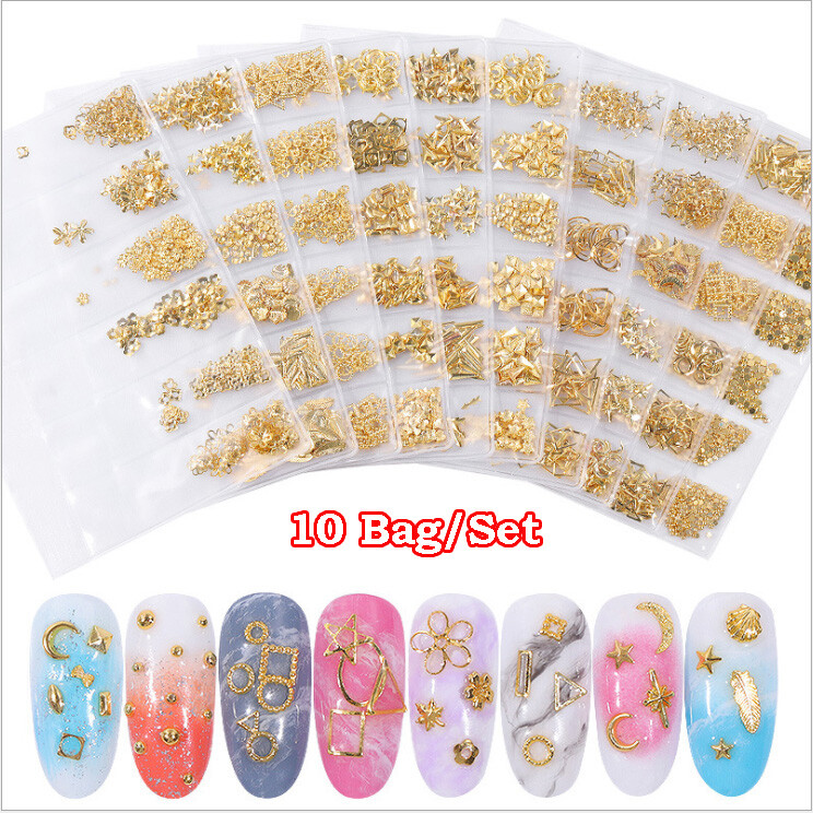 10 Packs Gold Nails Art Metal Rivets Studs Hollow Round Stars 3D Decoration Tips