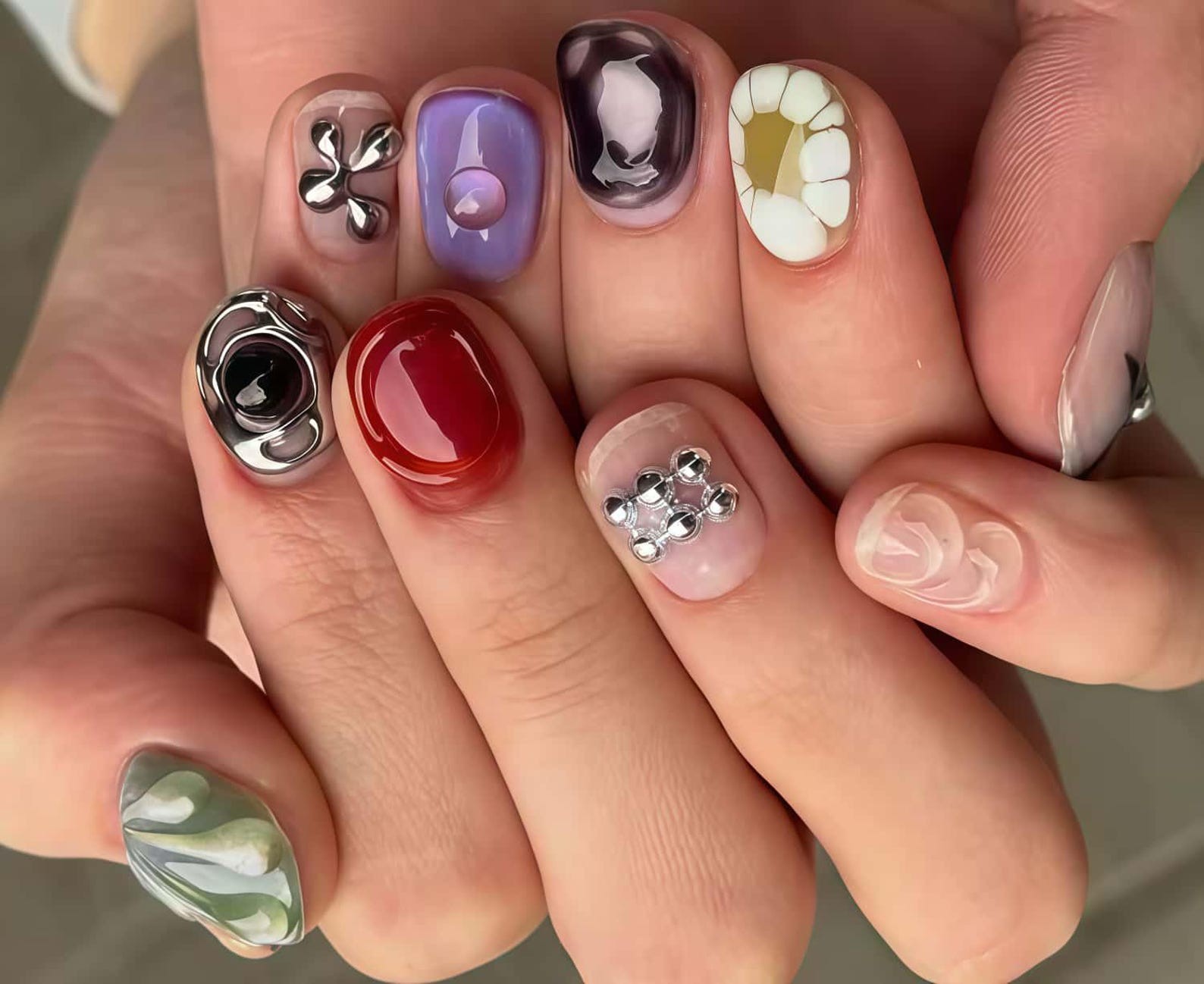 Handmade 3D Jelly Color Metal Bead Short Square Press on Nails