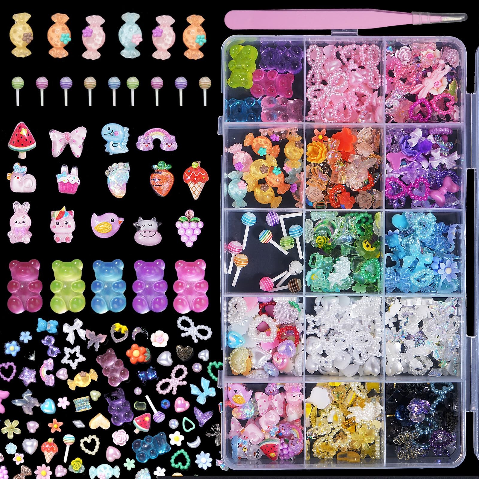 Assorted Acrylic 3D Nail Charms – Multi Color Flower Bows, Butterflies, Hearts,