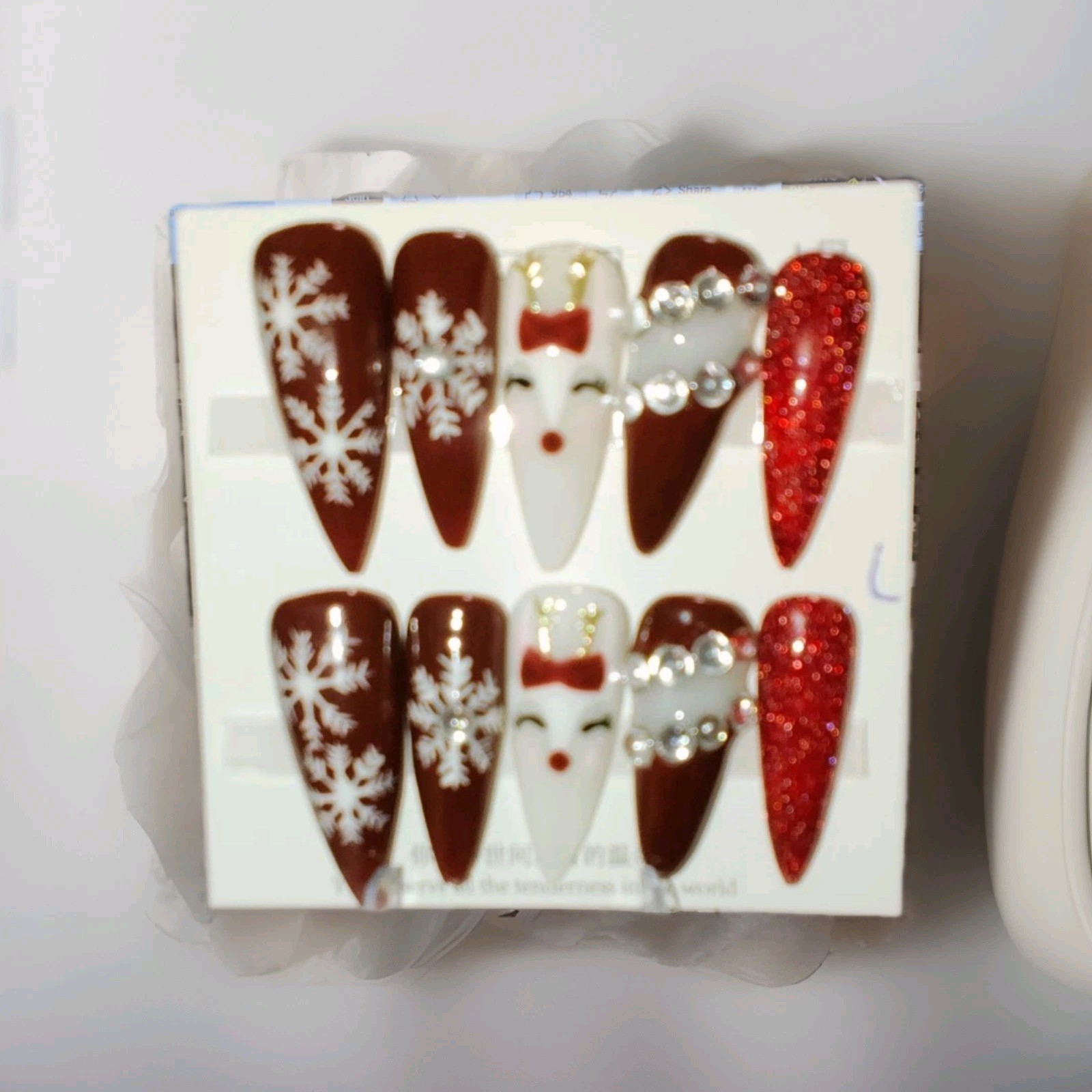 Red White 3D Glitter Christmas Reindeer Snowflake Long Stiletto Press-On Nails
