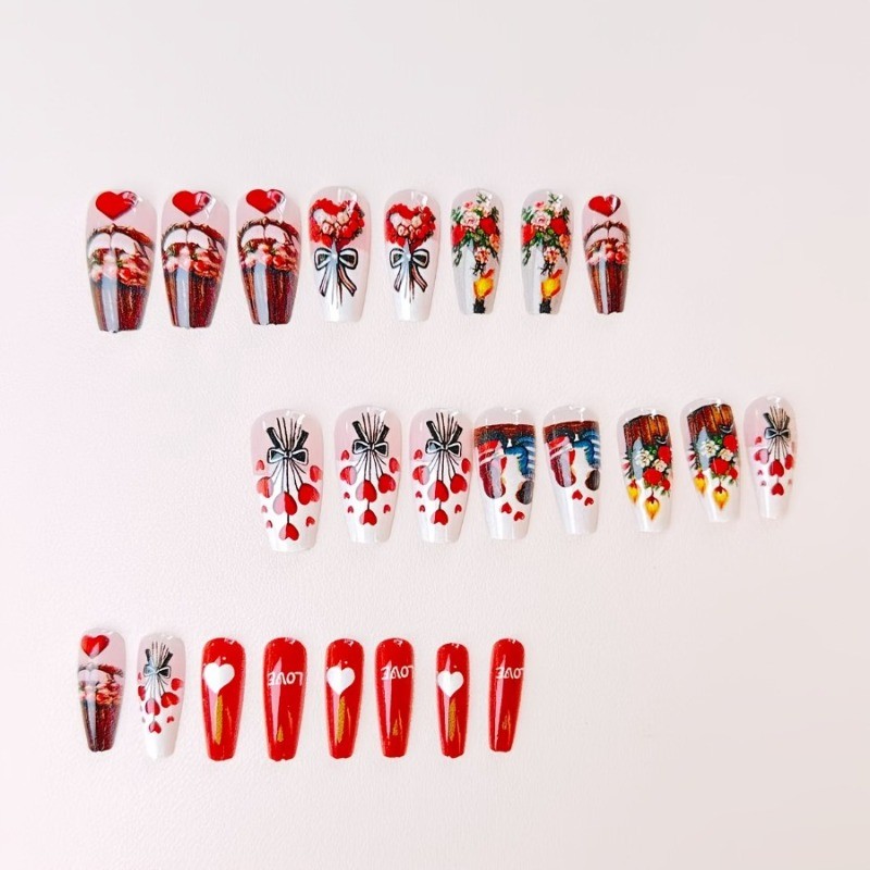 48 Pcs of Ballet Heart-shaped Multi-color Glossy Removable and Reusable Nail Art