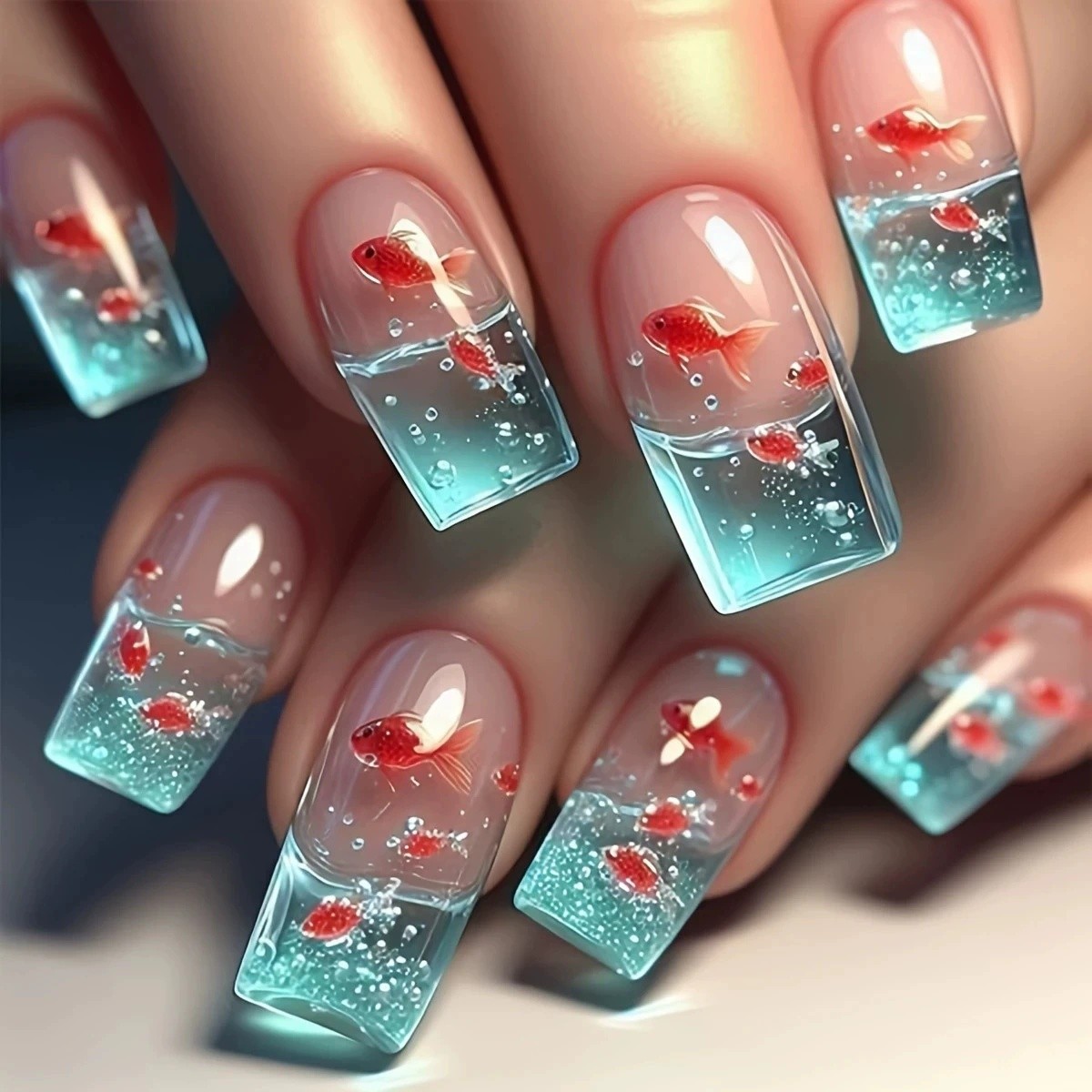 24pcs Press on Nails Goldfish Bubble Long Square Glossy Reusable Fake Nails