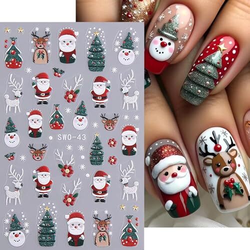 6Sheets Christmas 5D Embossed Nail Art Stickers Set, Shiny Cute Cute Christmas