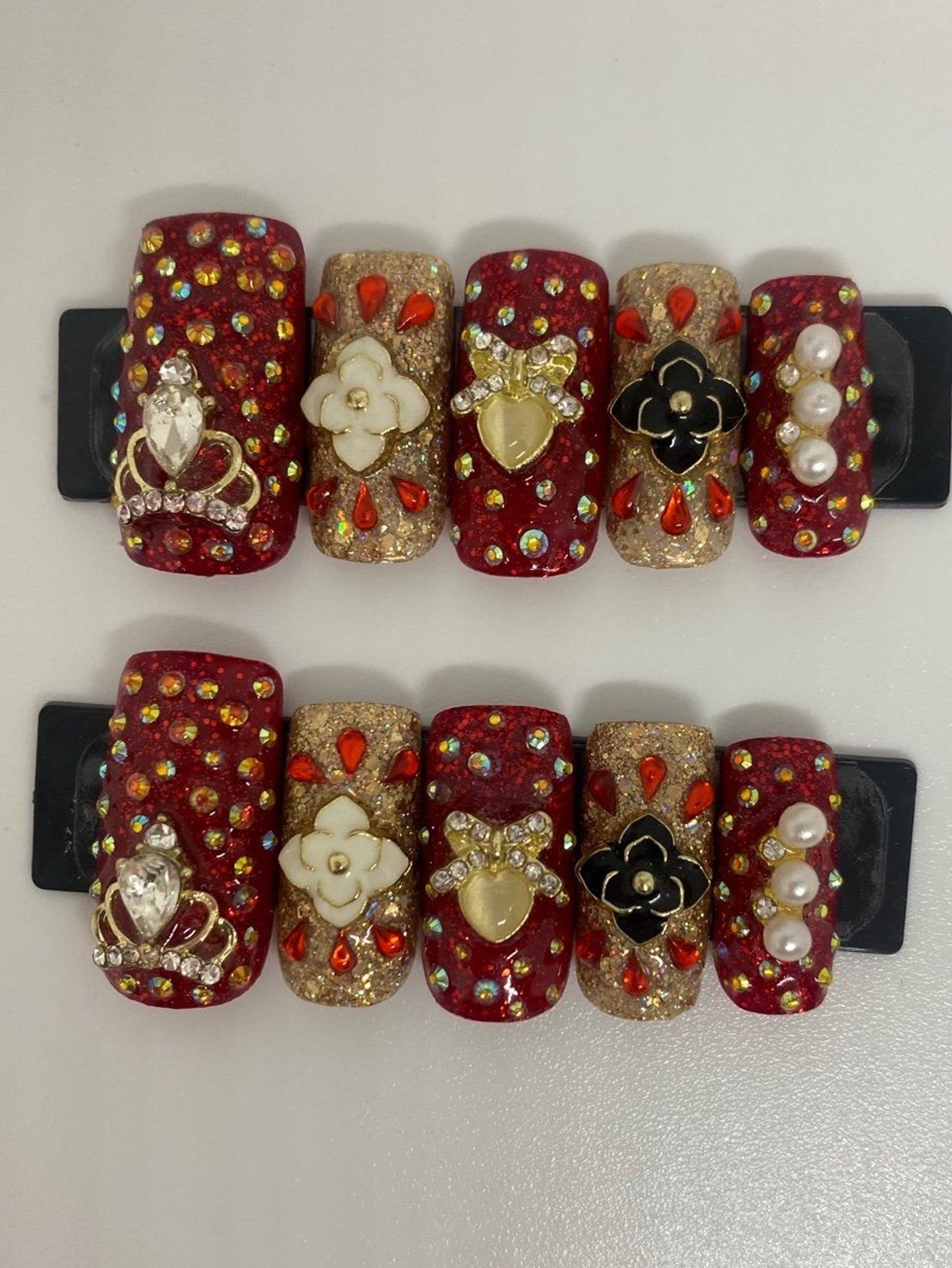Red, Gold, Black, & White Square Press On Nail Set