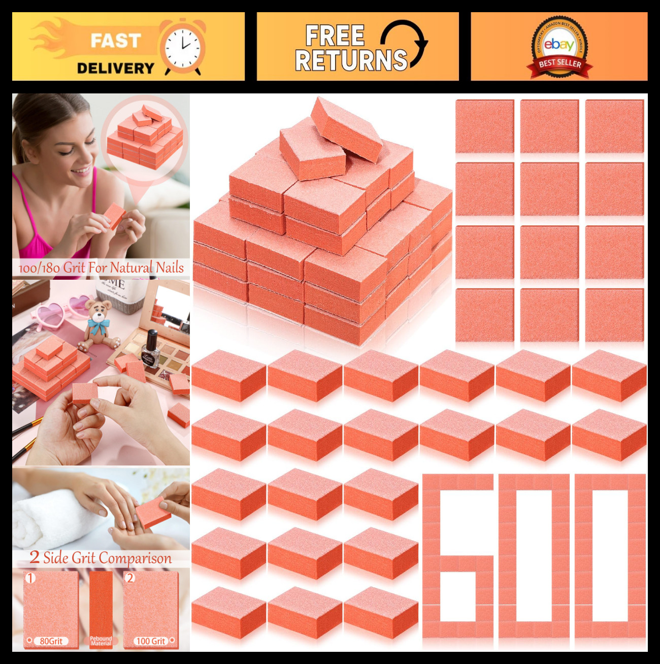 600 Mini Nail Buffer Blocks 80/100 Grit – 2 Sided Professional Nail Files for Ac