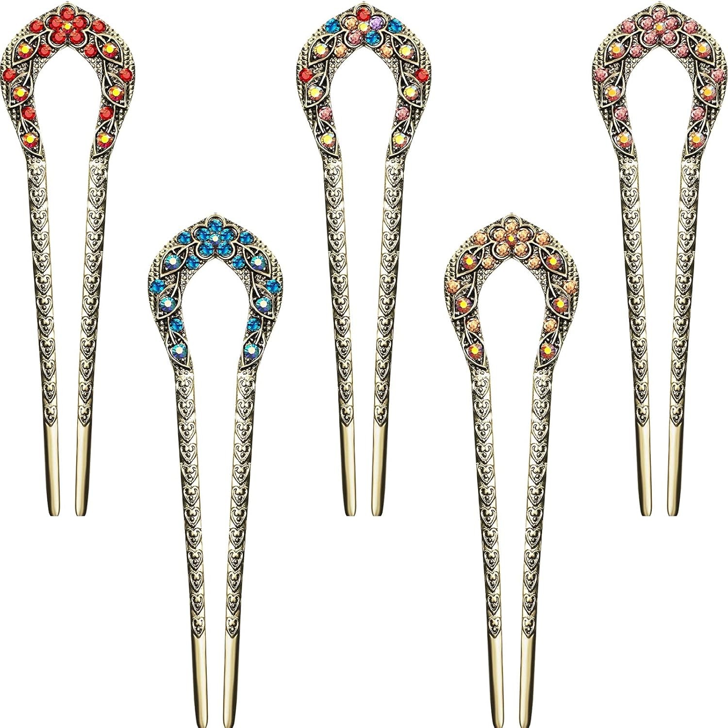 Waydress 5 Pcs Vintage Hair Fork French Pin for Buns Blue,Purple,Red