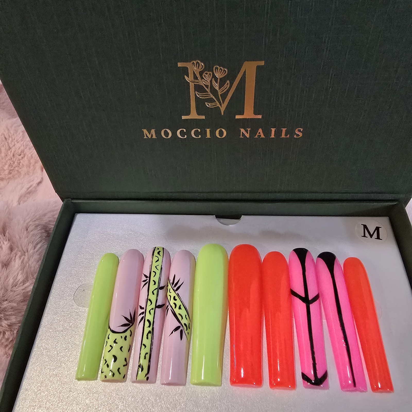 Press On Nails Long Square Neon Pink Orange Green Abstract Art Handmade Set Size