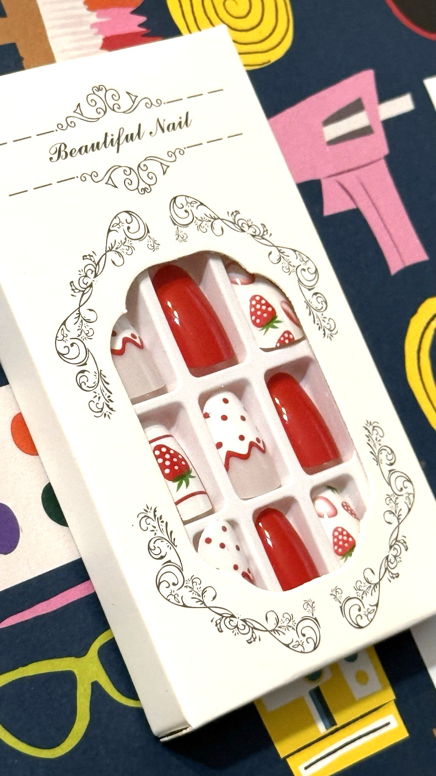 Beautiful Nail STRAWBERRY POLKA DOT FRENCH Press On Mani Short Round *NEW BOXED*