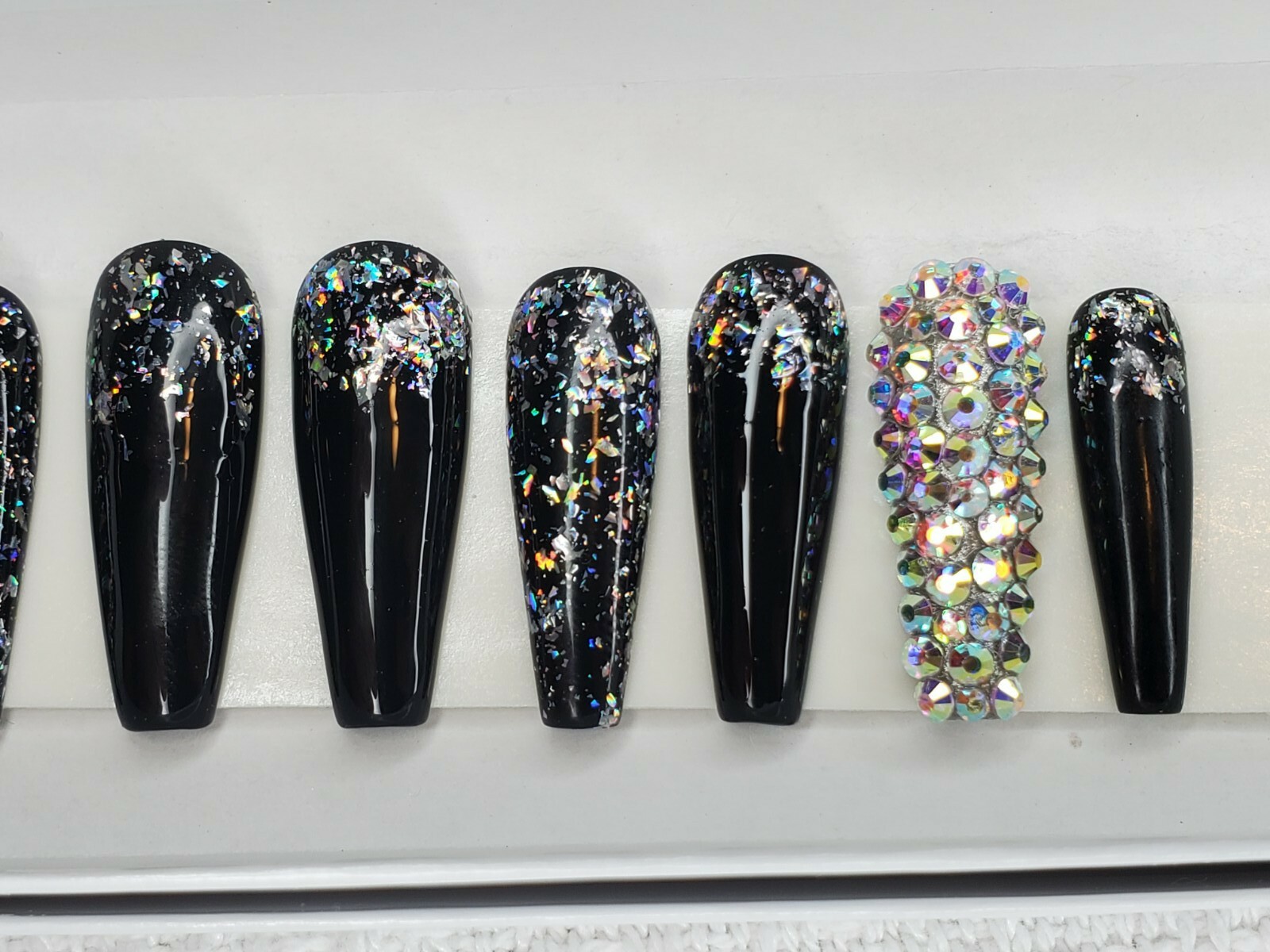 Black holographic glitter bling press on nails holo diamond crystal ballerina