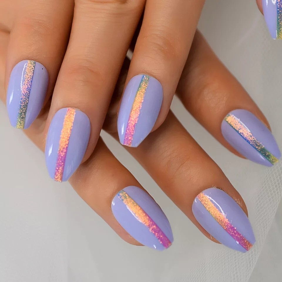 24 Purple Holographic Press On Nails w/ Glue glitter rainbow bright light purple