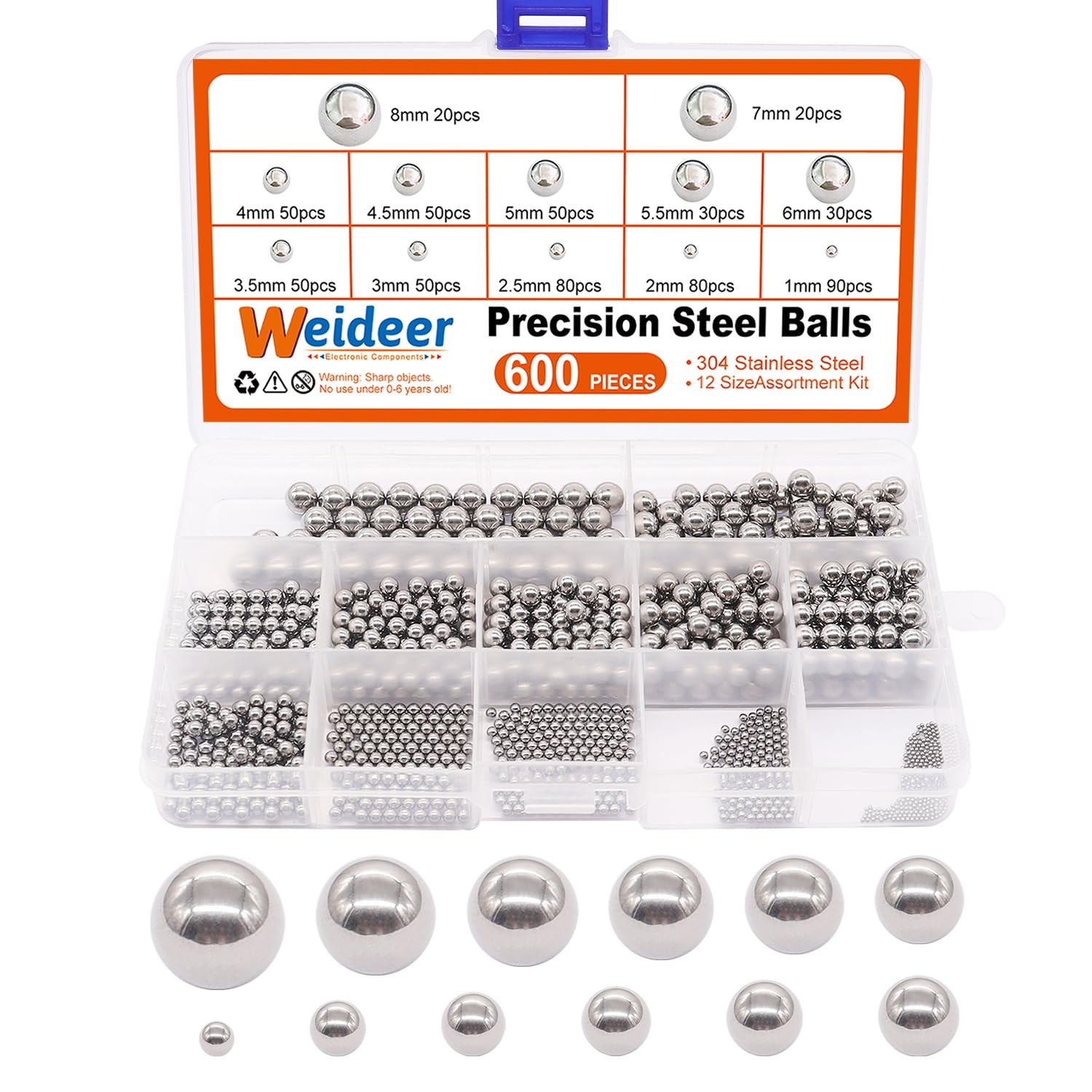 600 Pcs Metric Precision Steel Bearing Balls, Assorted Stainless Steel Loose Bic